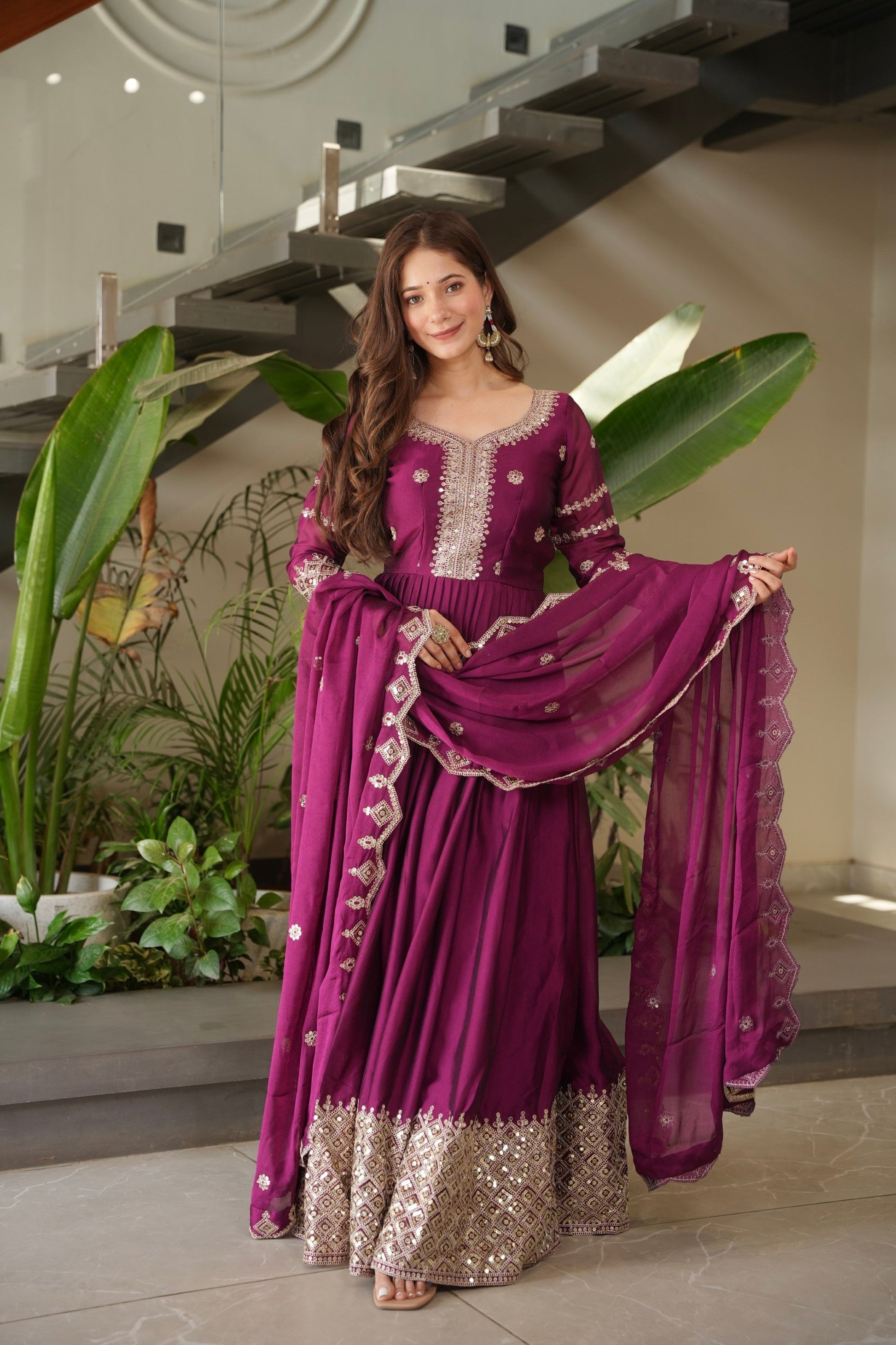 Lorenvalley Fashion Purple Noha Crush Silk with Embroidery Threads & Sequins Work Anarkali Gown with Dupatta 