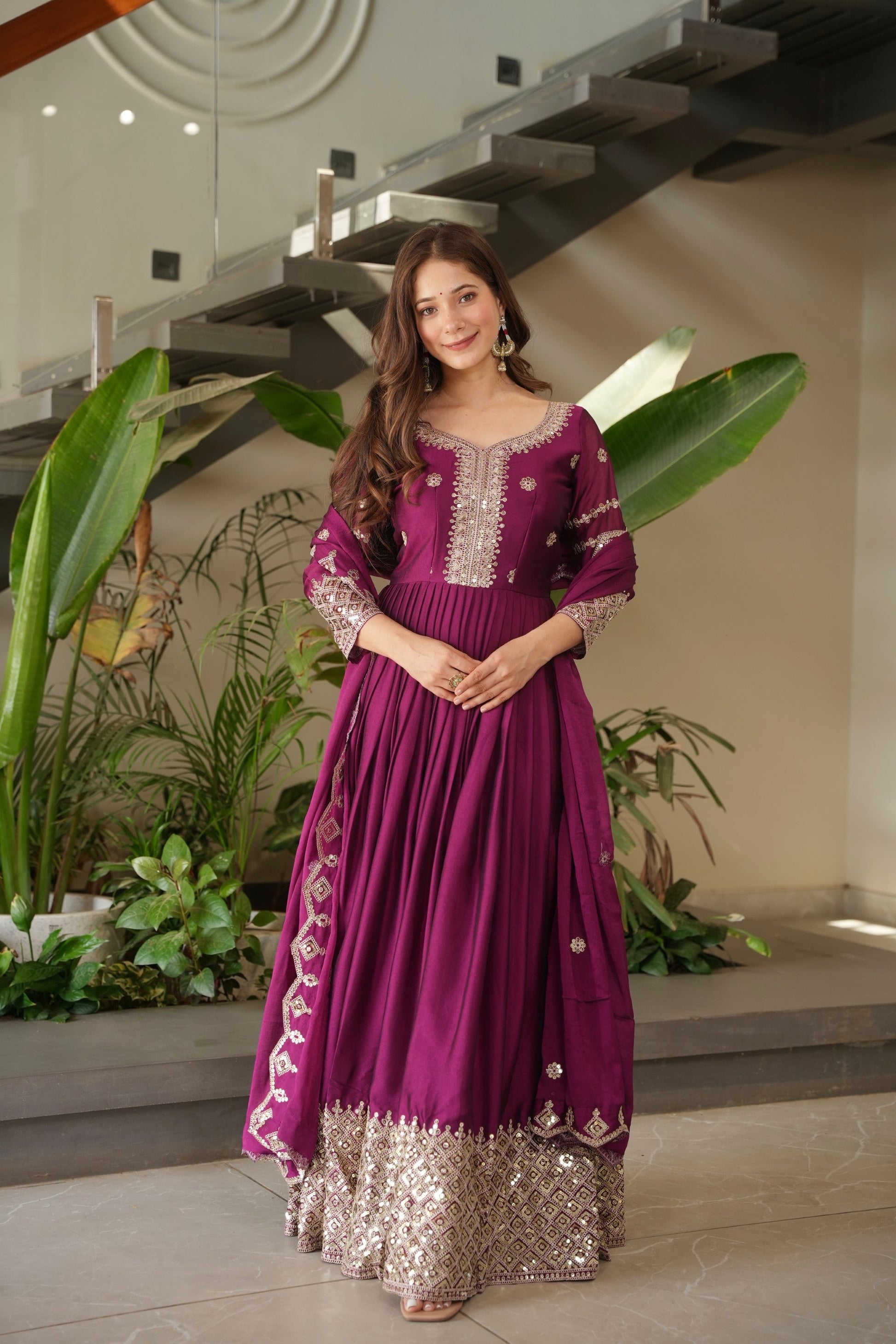 Lorenvalley Fashion Purple Noha Crush Silk with Embroidery Threads & Sequins Work Anarkali Gown with Dupatta 