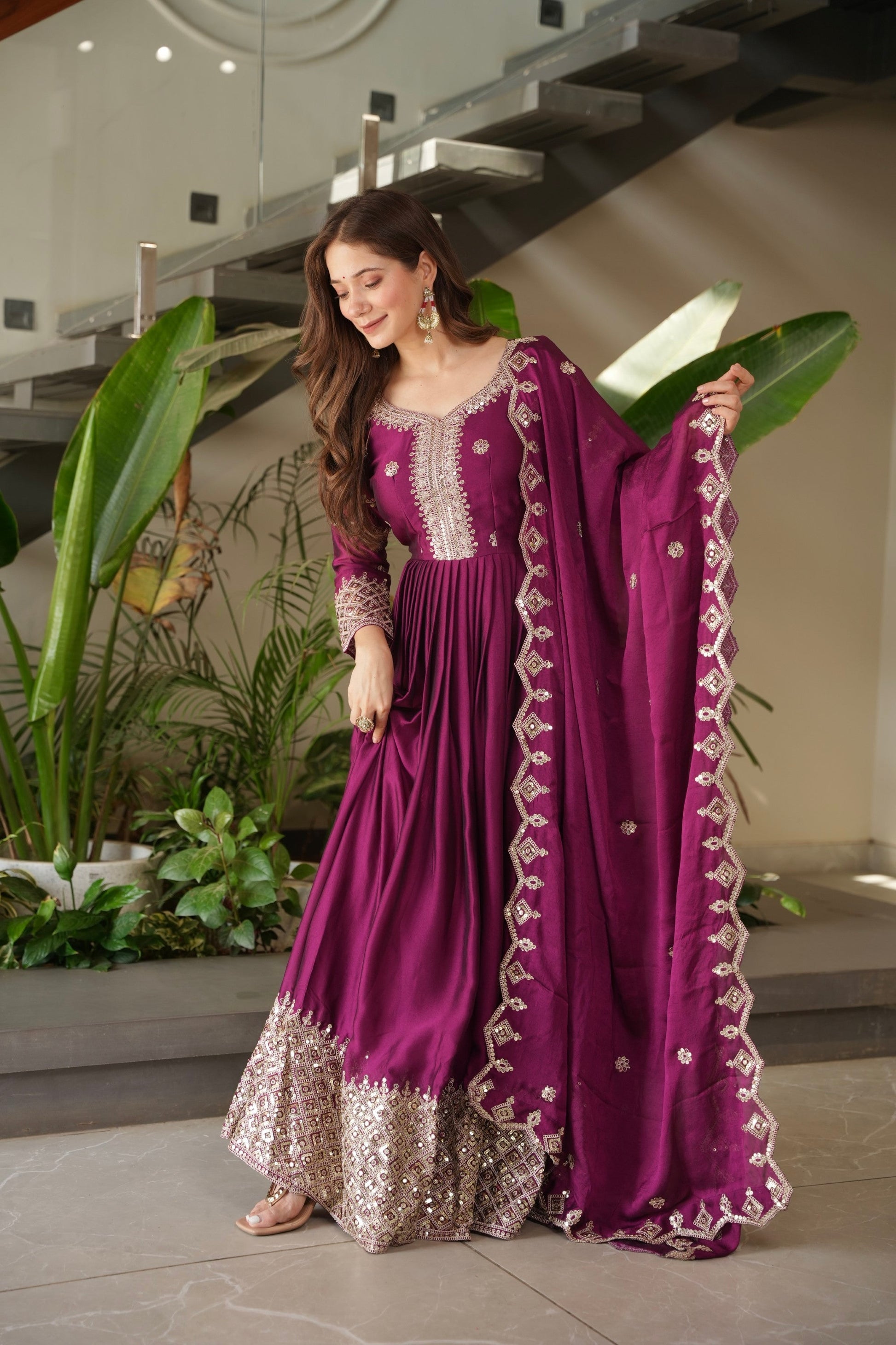 Lorenvalley Fashion Purple Noha Crush Silk with Embroidery Threads & Sequins Work Anarkali Gown with Dupatta 