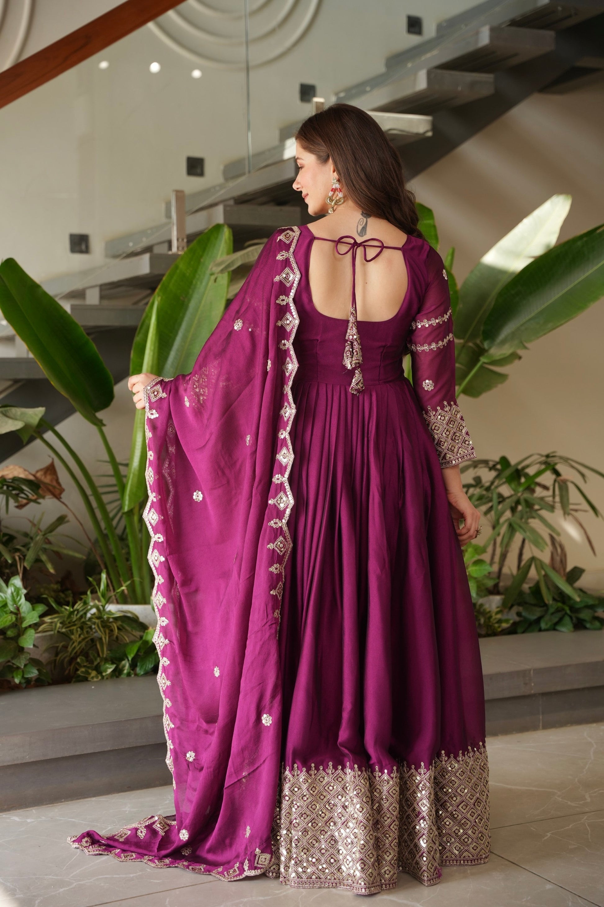 Lorenvalley Fashion Purple Noha Crush Silk with Embroidery Threads & Sequins Work Anarkali Gown with Dupatta 