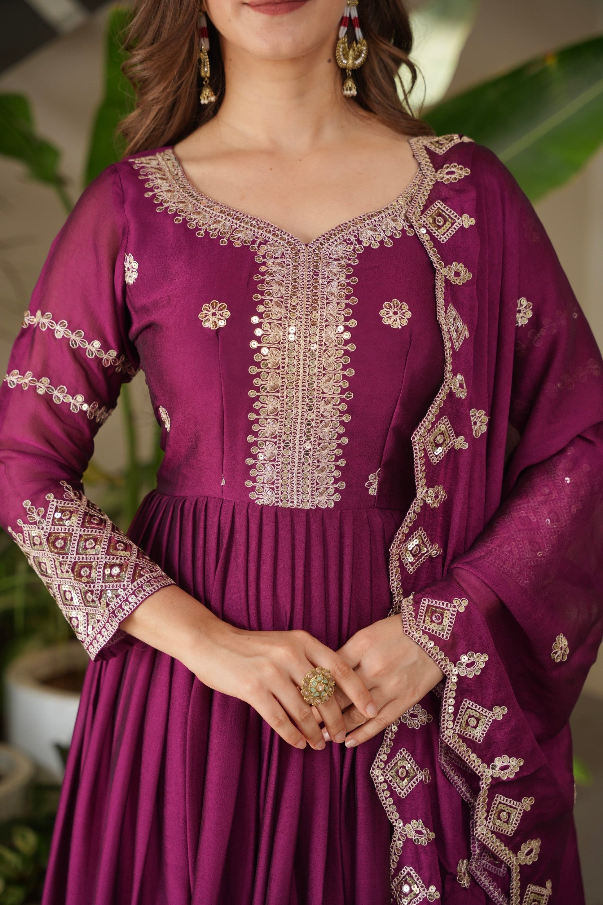 Lorenvalley Fashion Purple Noha Crush Silk with Embroidery Threads & Sequins Work Anarkali Gown with Dupatta 