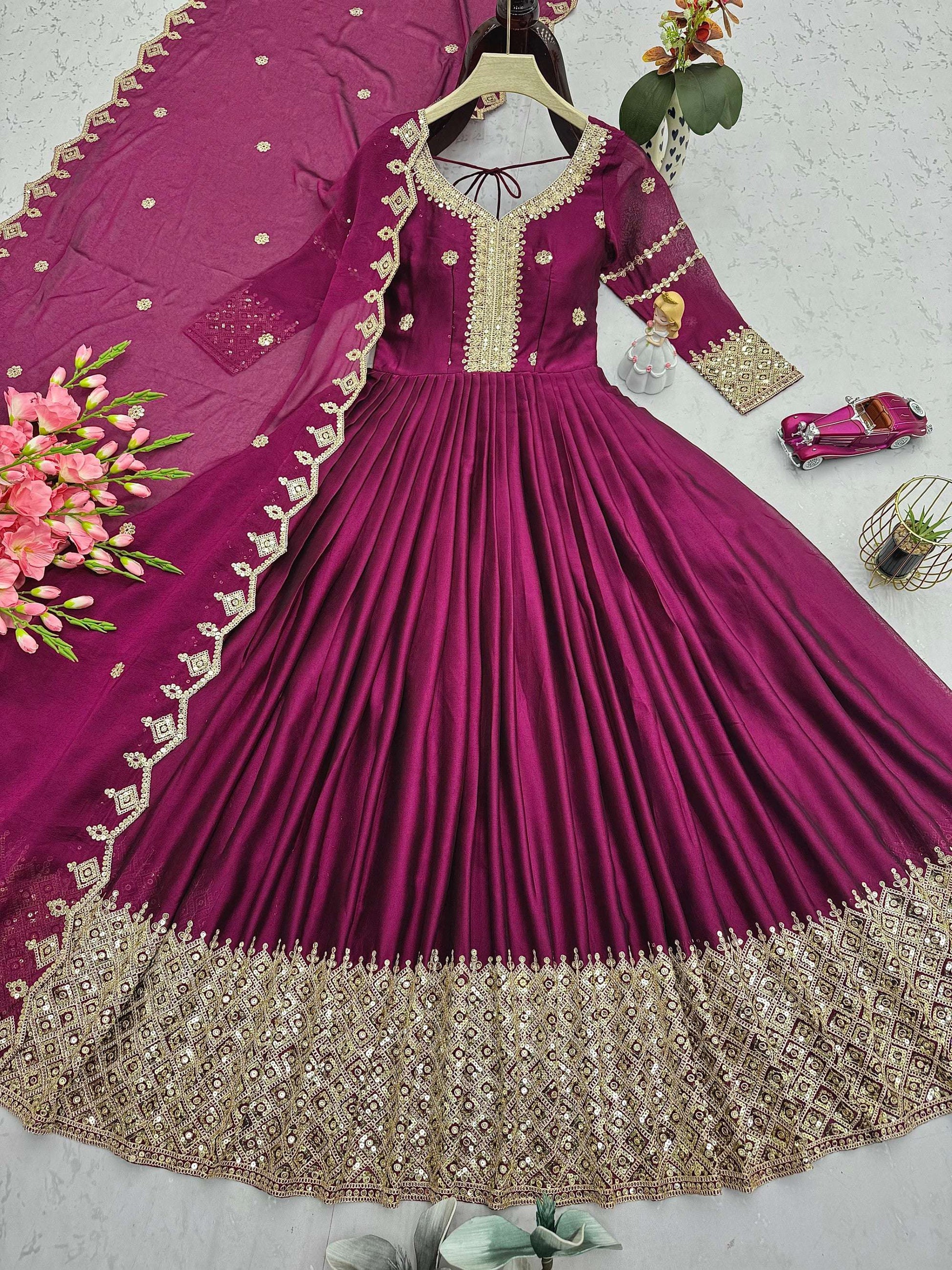 Lorenvalley Fashion Purple Noha Crush Silk with Embroidery Threads & Sequins Work Anarkali Gown with Dupatta 