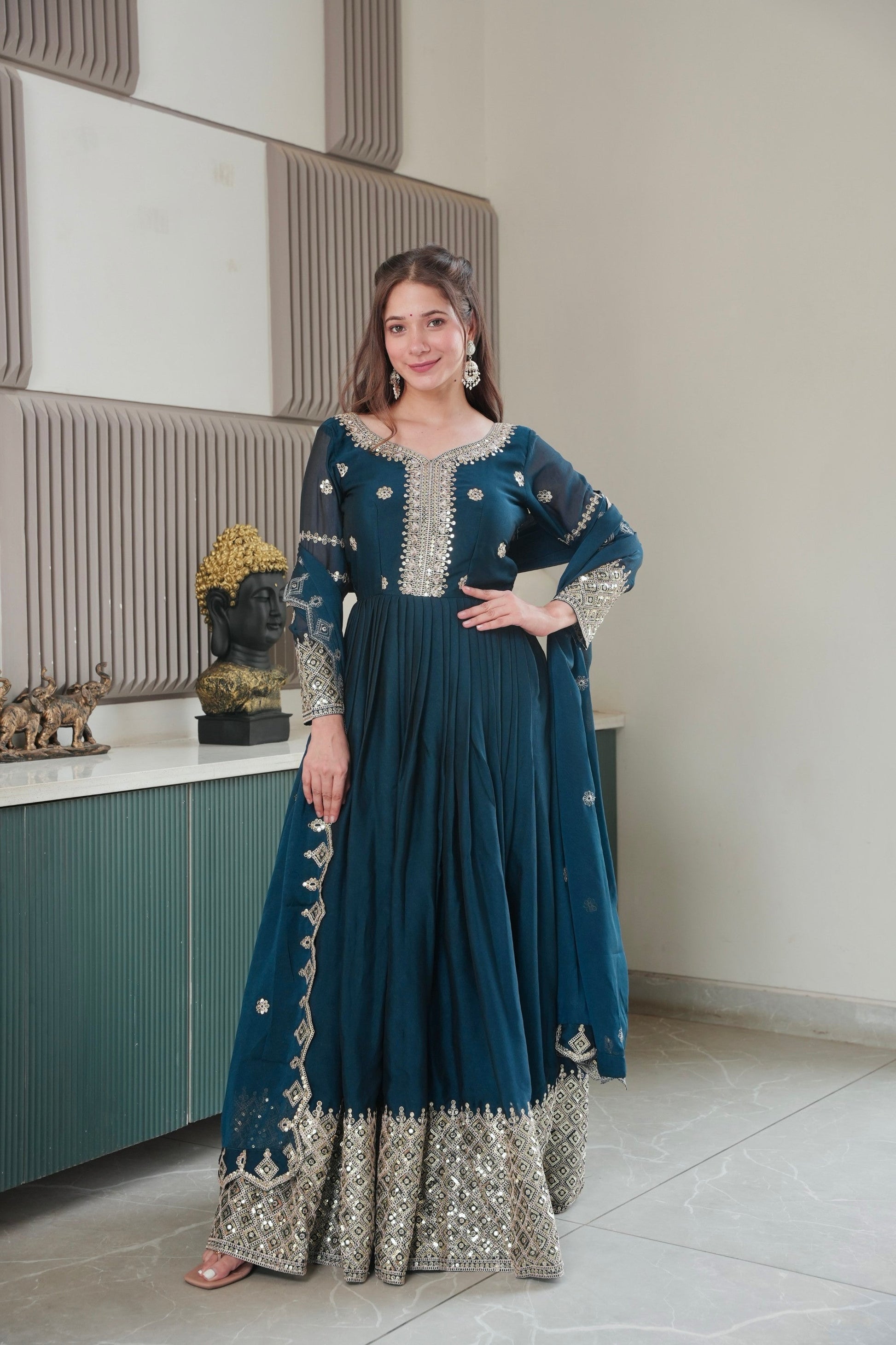Lorenvalley Fashion Rama Noha Crush Silk with Embroidery Threads & Sequins Work Anarkali Gown with Dupatta 