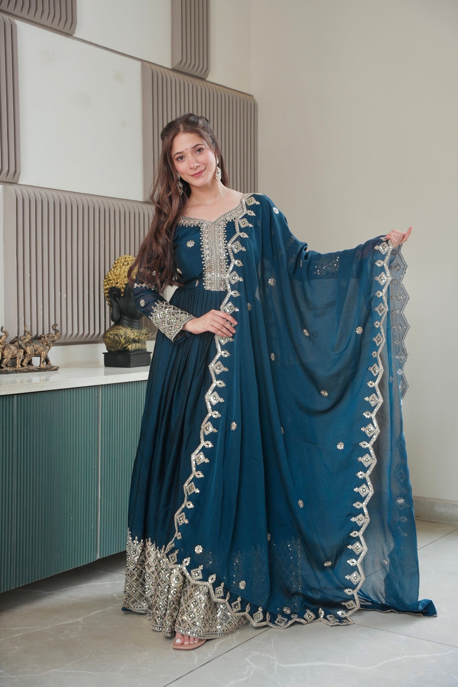 Lorenvalley Fashion Rama Noha Crush Silk with Embroidery Threads & Sequins Work Anarkali Gown with Dupatta 