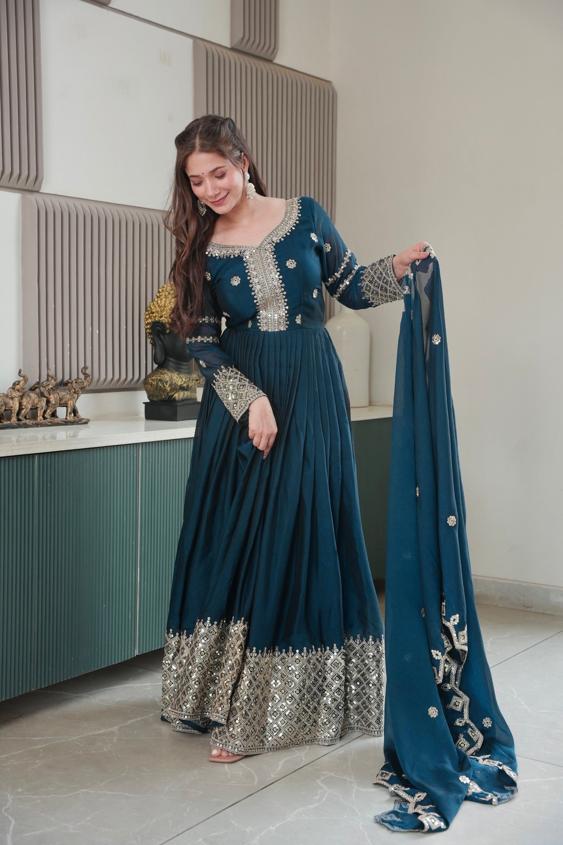 Lorenvalley Fashion Rama Noha Crush Silk with Embroidery Threads & Sequins Work Anarkali Gown with Dupatta 