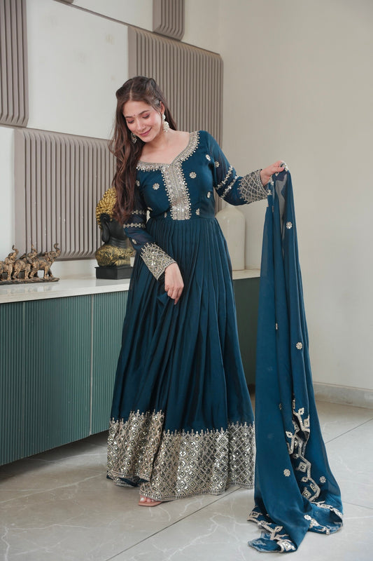 Lorenvalley Fashion Rama Noha Crush Silk with Embroidery Threads & Sequins Work Anarkali Gown with Dupatta 