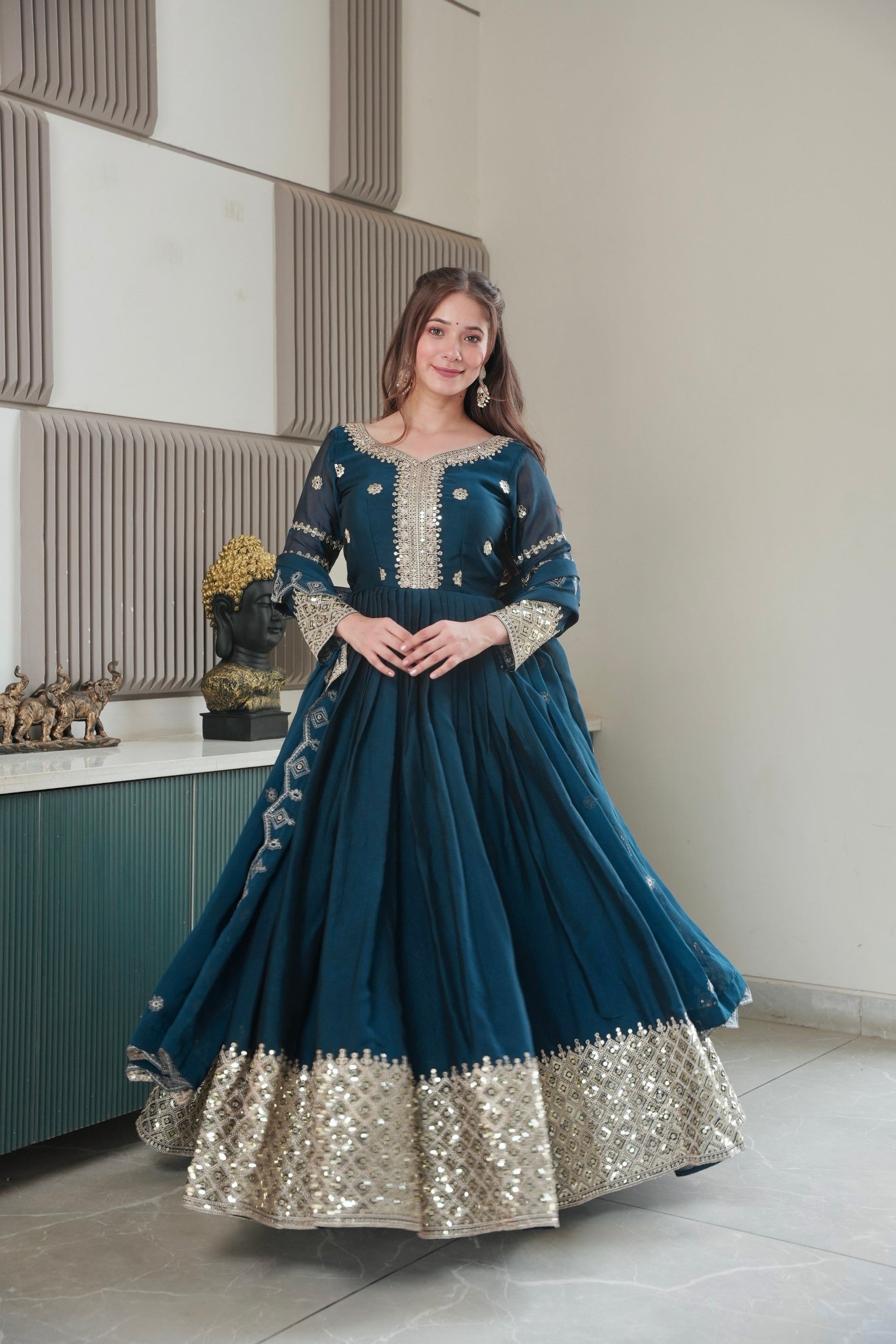 Lorenvalley Fashion Rama Noha Crush Silk with Embroidery Threads & Sequins Work Anarkali Gown with Dupatta 