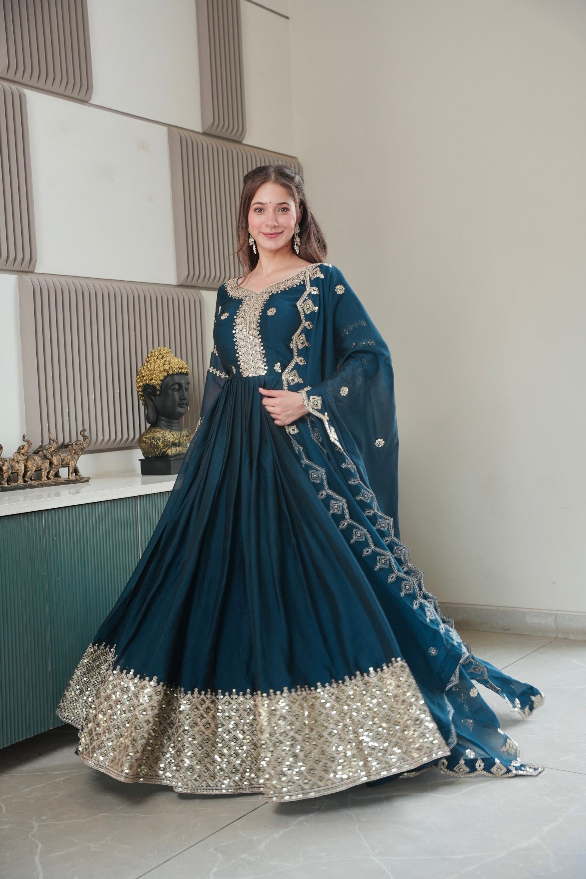 Lorenvalley Fashion Rama Noha Crush Silk with Embroidery Threads & Sequins Work Anarkali Gown with Dupatta 