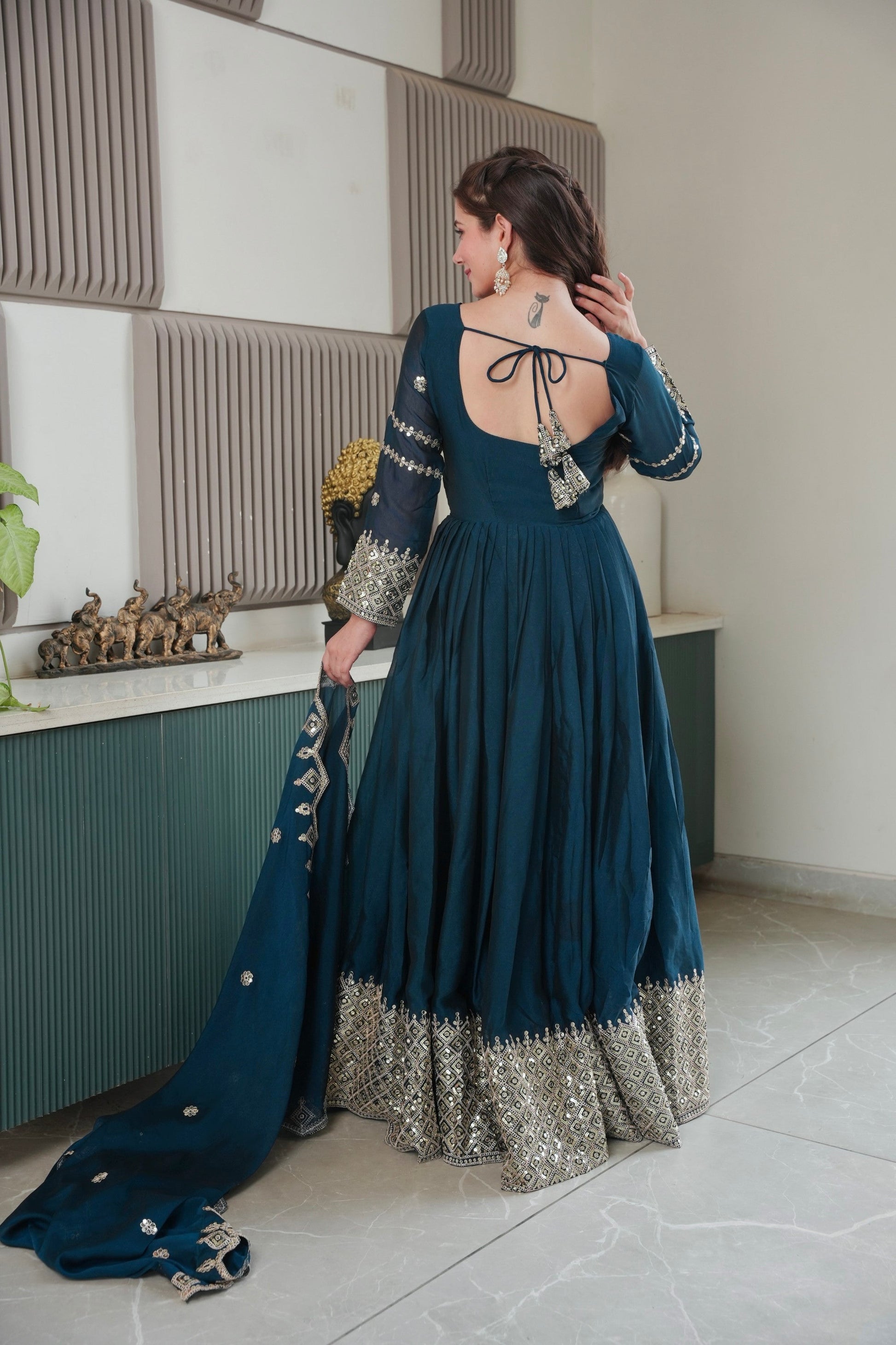Lorenvalley Fashion Rama Noha Crush Silk with Embroidery Threads & Sequins Work Anarkali Gown with Dupatta 