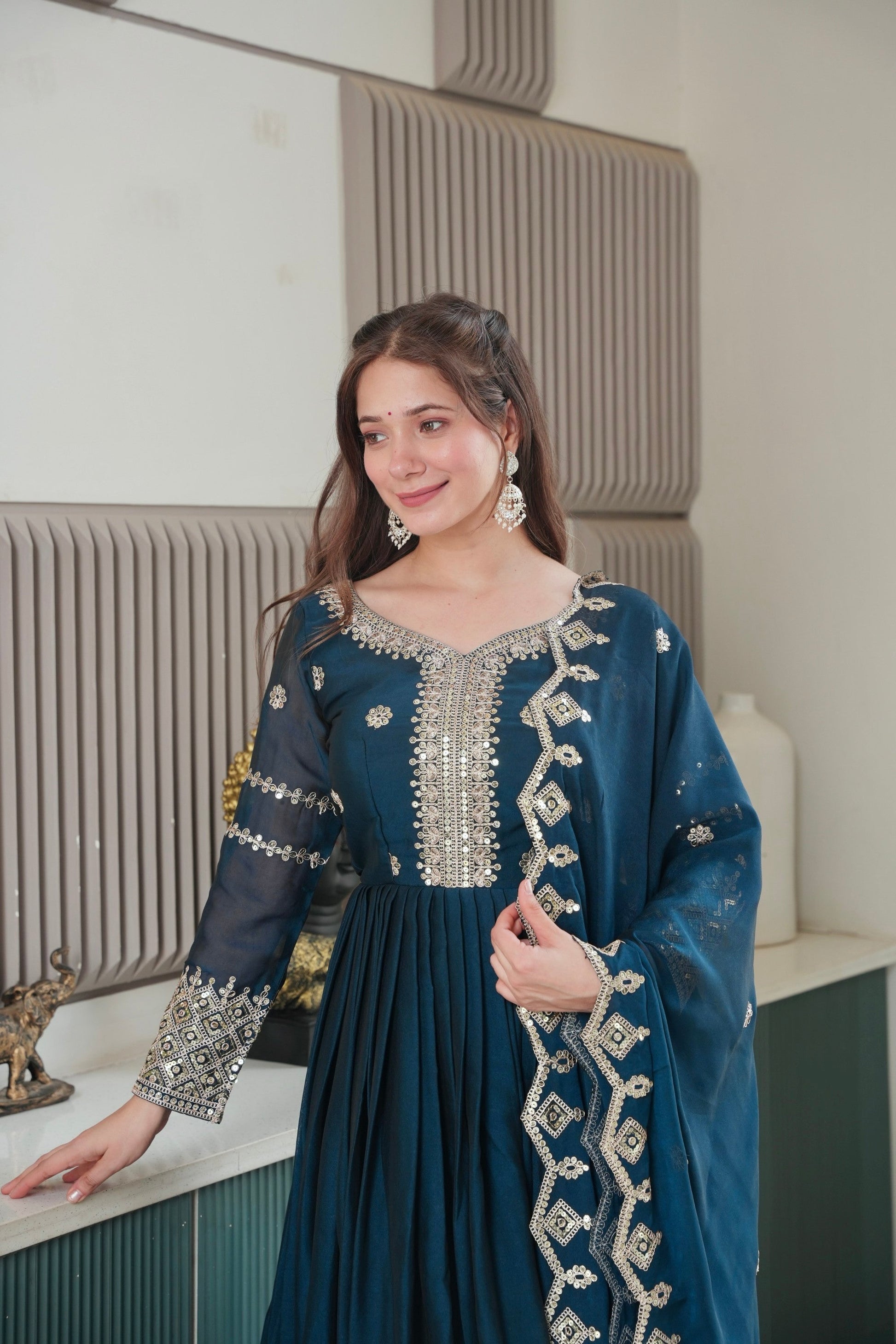 Lorenvalley Fashion Rama Noha Crush Silk with Embroidery Threads & Sequins Work Anarkali Gown with Dupatta 