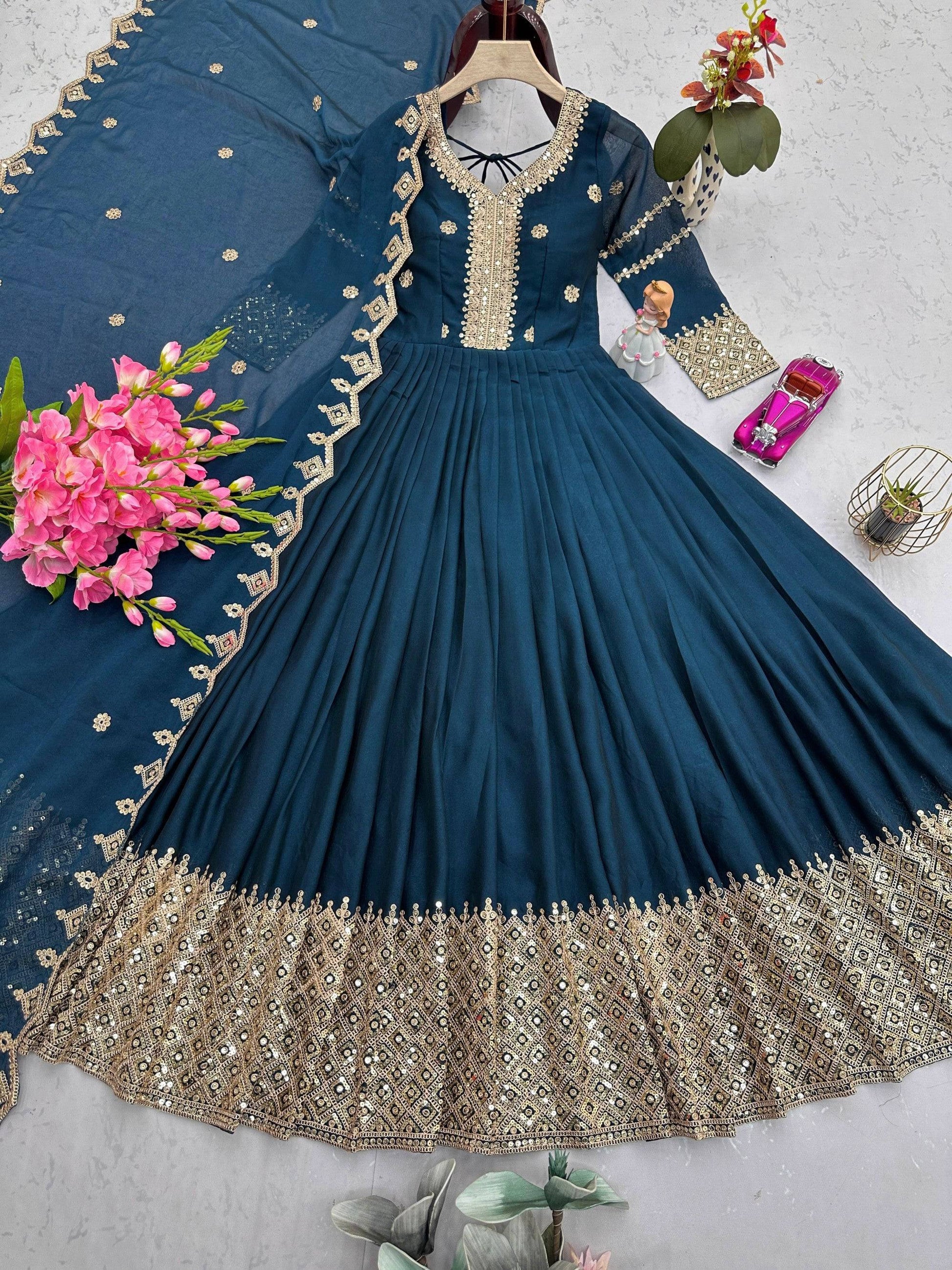 Lorenvalley Fashion Rama Noha Crush Silk with Embroidery Threads & Sequins Work Anarkali Gown with Dupatta 