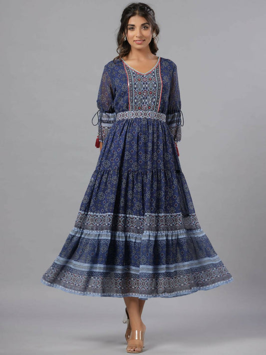 Juniper Women Navy Blue Georgette Geometric Printed Tiered Maxi Dress