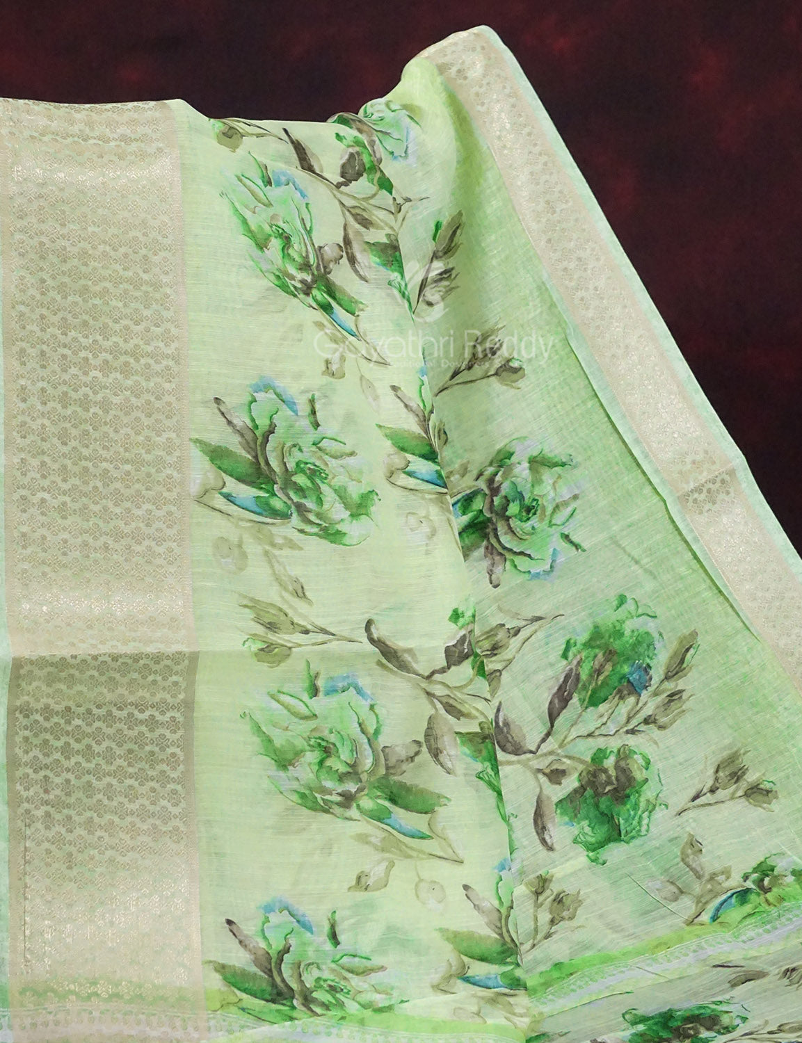 Shades of Light Parrot Green Colour Floral Design Semi Chanderi Grab2Buy By Gayathri Reddy Designer Studio 