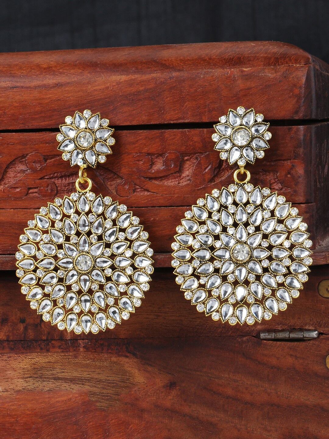 Gold-Plated Alloy Stone Studded Golden Round Earrings - The Pari - Grab2buy