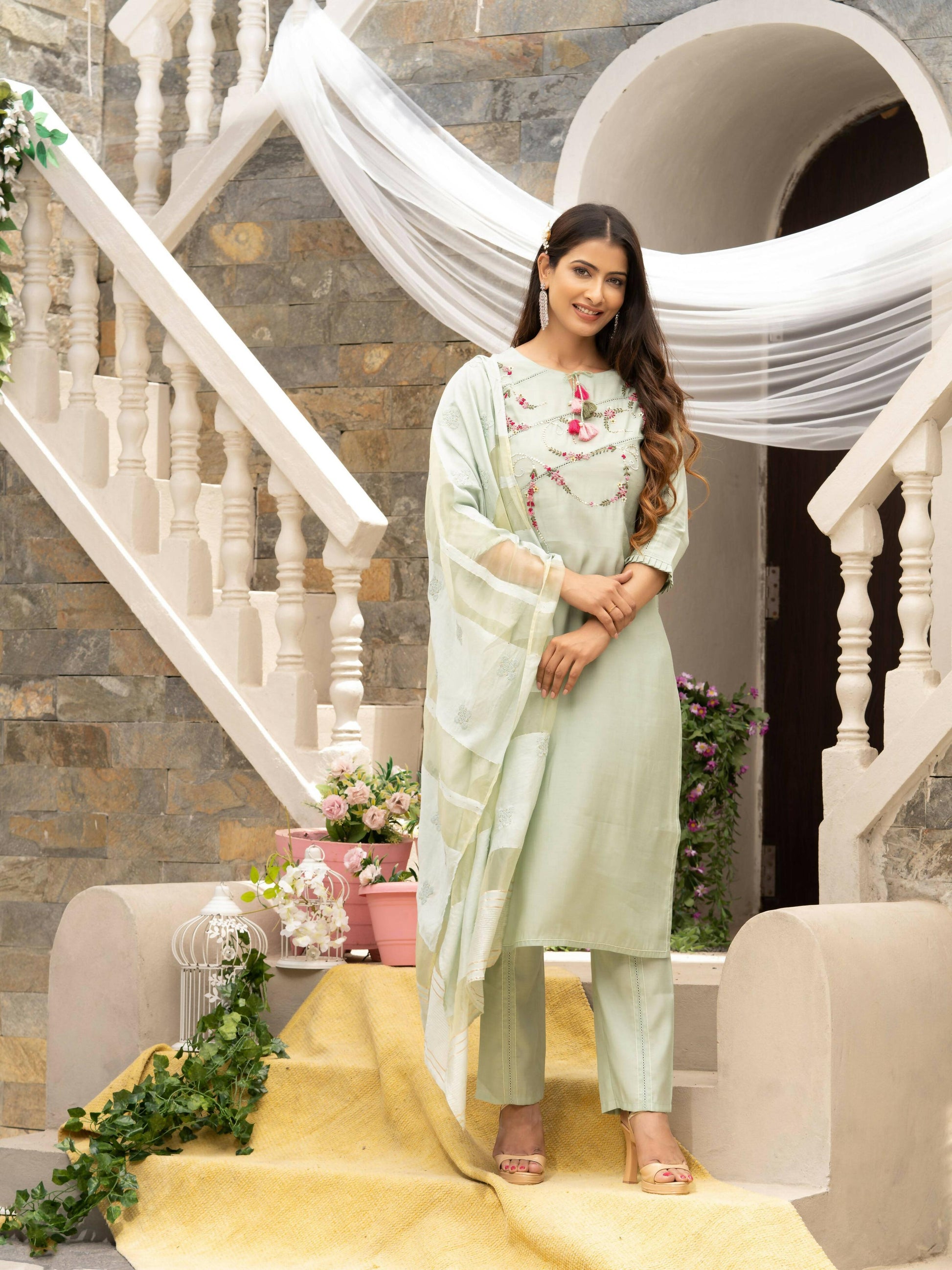 Pista Roman Silk Plain Kurta with Pant & Dupatta - Disha