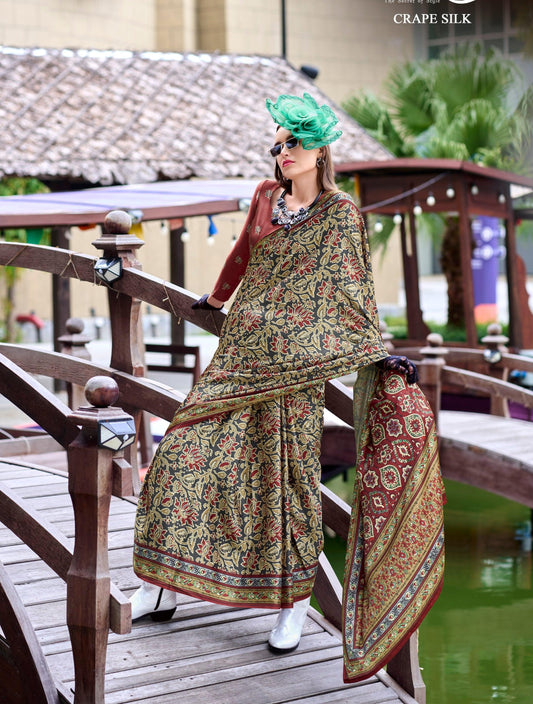 Anaita Dark Grey Ajrakh Printed Pure Satin Silk Saree With Blouse