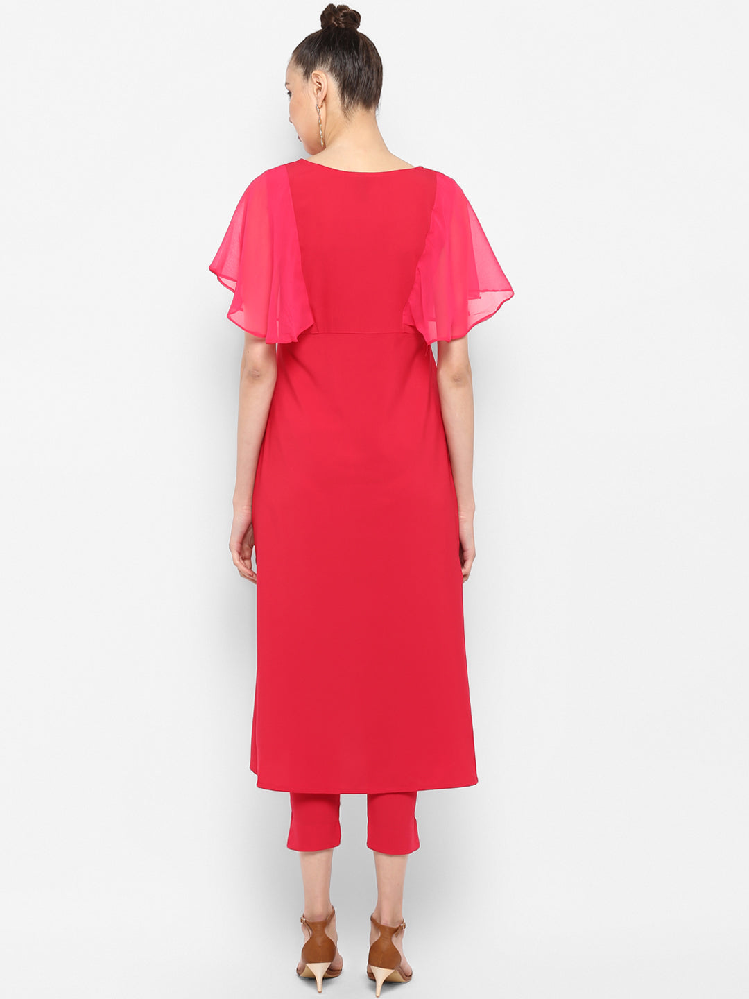 Janasya Women Magenta & Silver-Toned Printed Kurta with Trousers