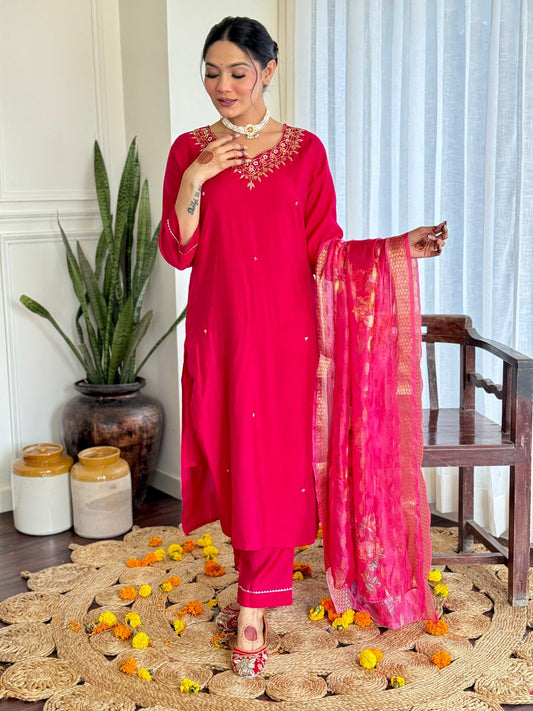 The52 Women's Beautiful Viscose Embroidery work Straight Kurta with Pant and Dupatta Set | Grab2Buy