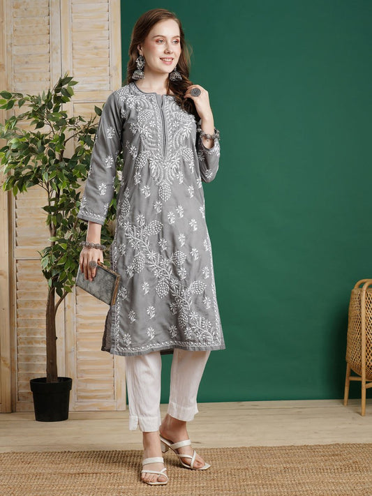ADA Women Grey & White Chikankari Embroidered Straight Kurta 