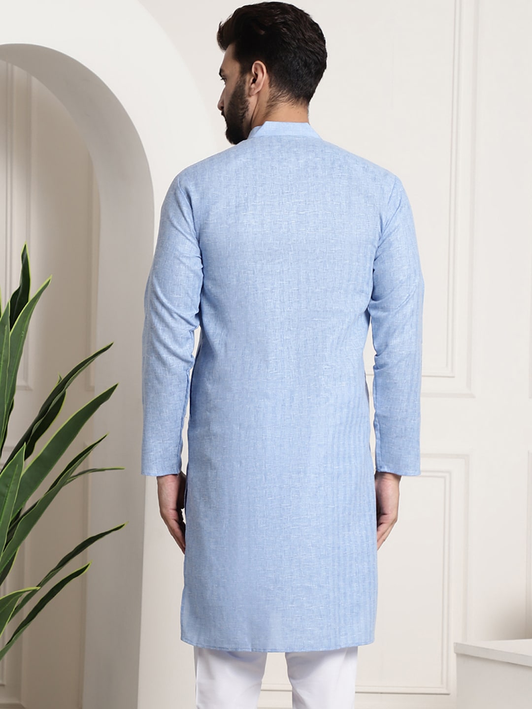 Sojanya Men Blue Dobby Self-Checked Straight Kurta 