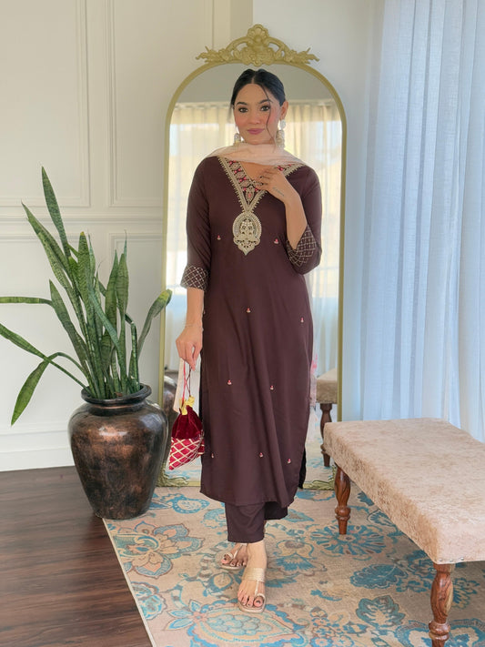 The52 Women's Rayon Slub Embroidery work Straight Kurta with Pant and Dupatta Set | Grab2Buy