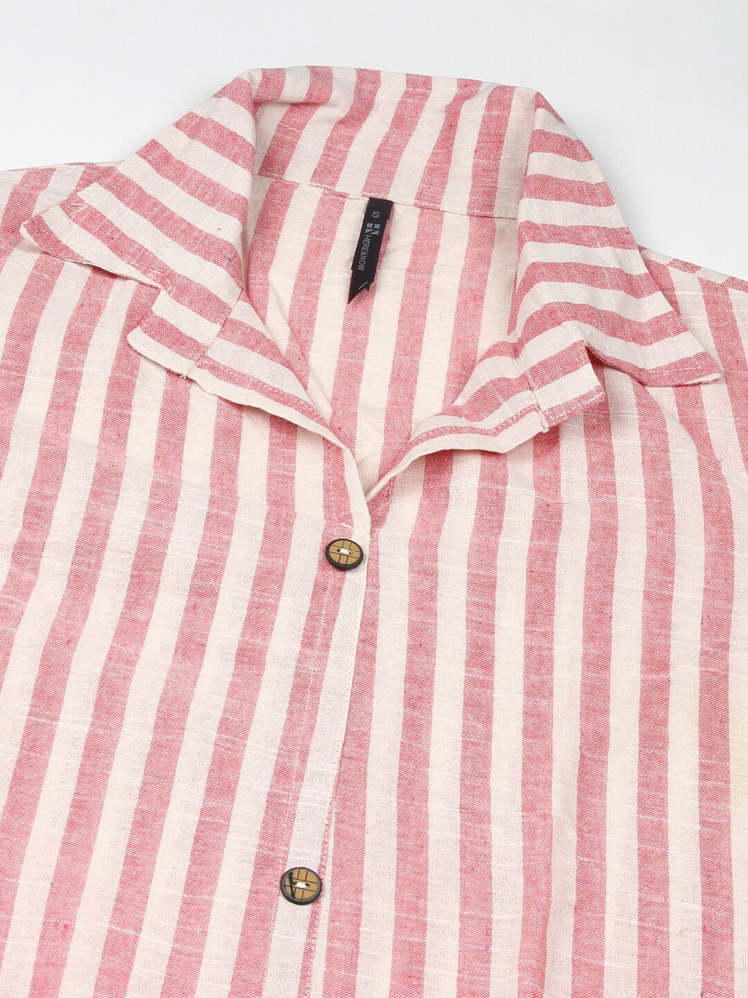 HERE&NOW Pink & White Shirt Collar Roll-Up Sleeves Striped Pure Cotton Straight Kurta