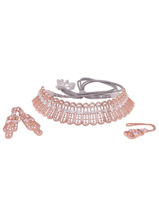 Saraf RS Jewellery Rose Gold-Plated White AD Studded Jewellery Set With Maang Tika - Grab2buy