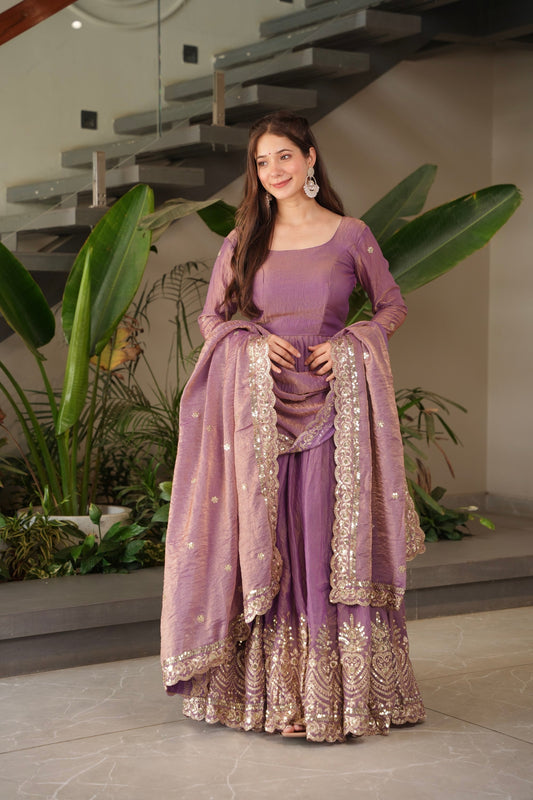 Lorenvalley Fashion Lavender Fendy Satin Embroidery Sequins Work Anarkali Gown with Dupatta 