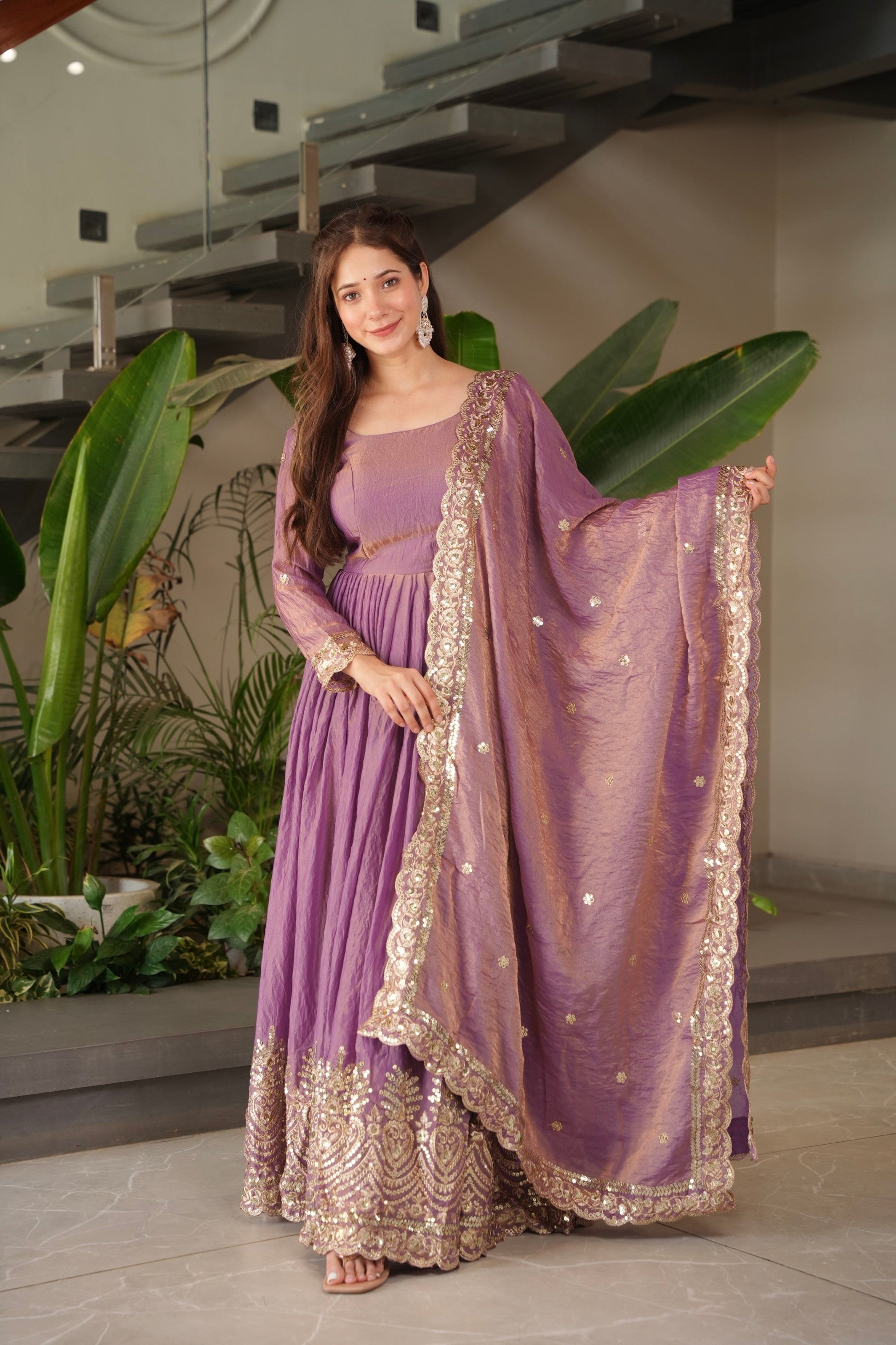 Lorenvalley Fashion Lavender Fendy Satin Embroidery Sequins Work Anarkali Gown with Dupatta 