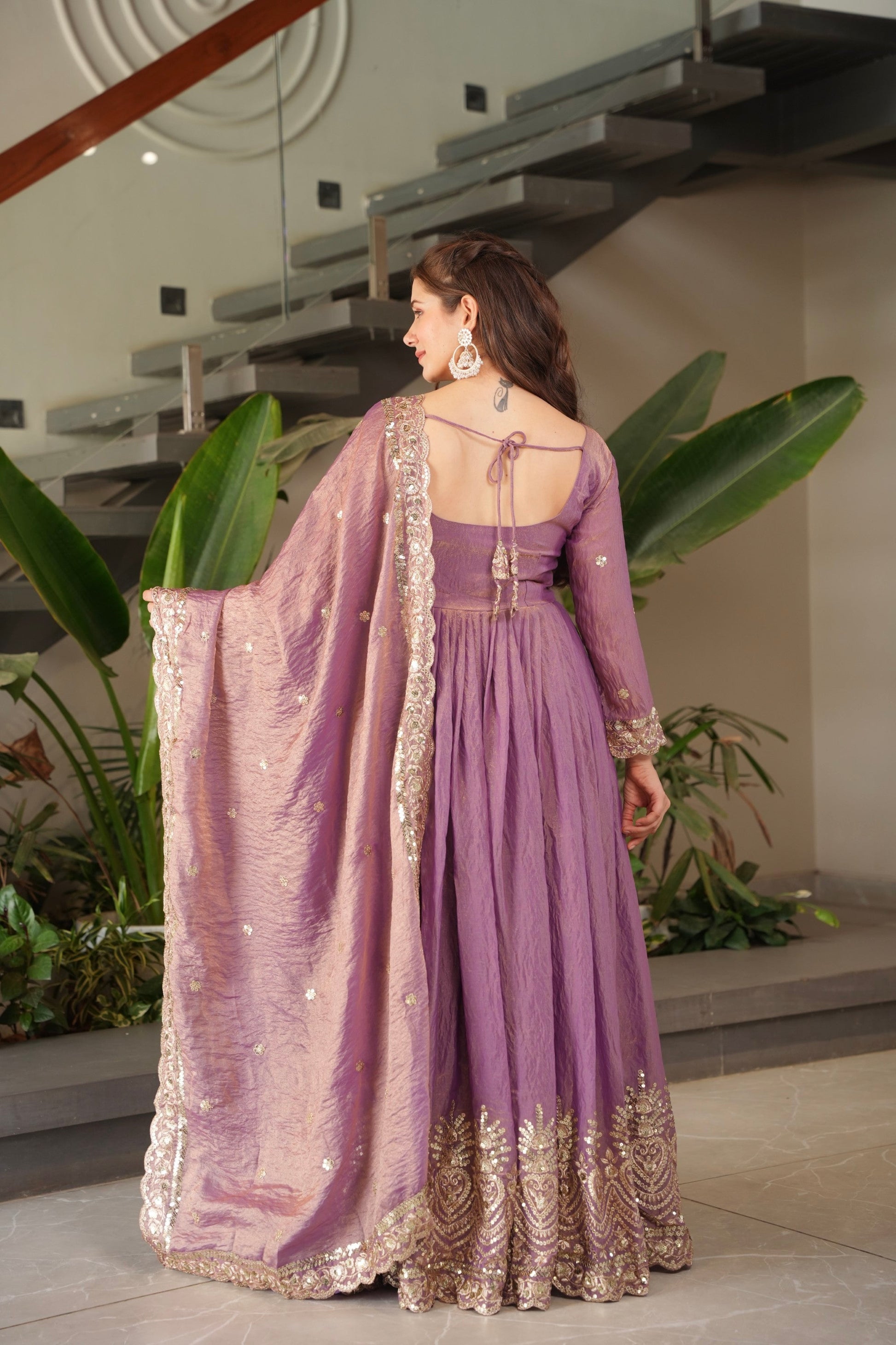 Lorenvalley Fashion Lavender Fendy Satin Embroidery Sequins Work Anarkali Gown with Dupatta 