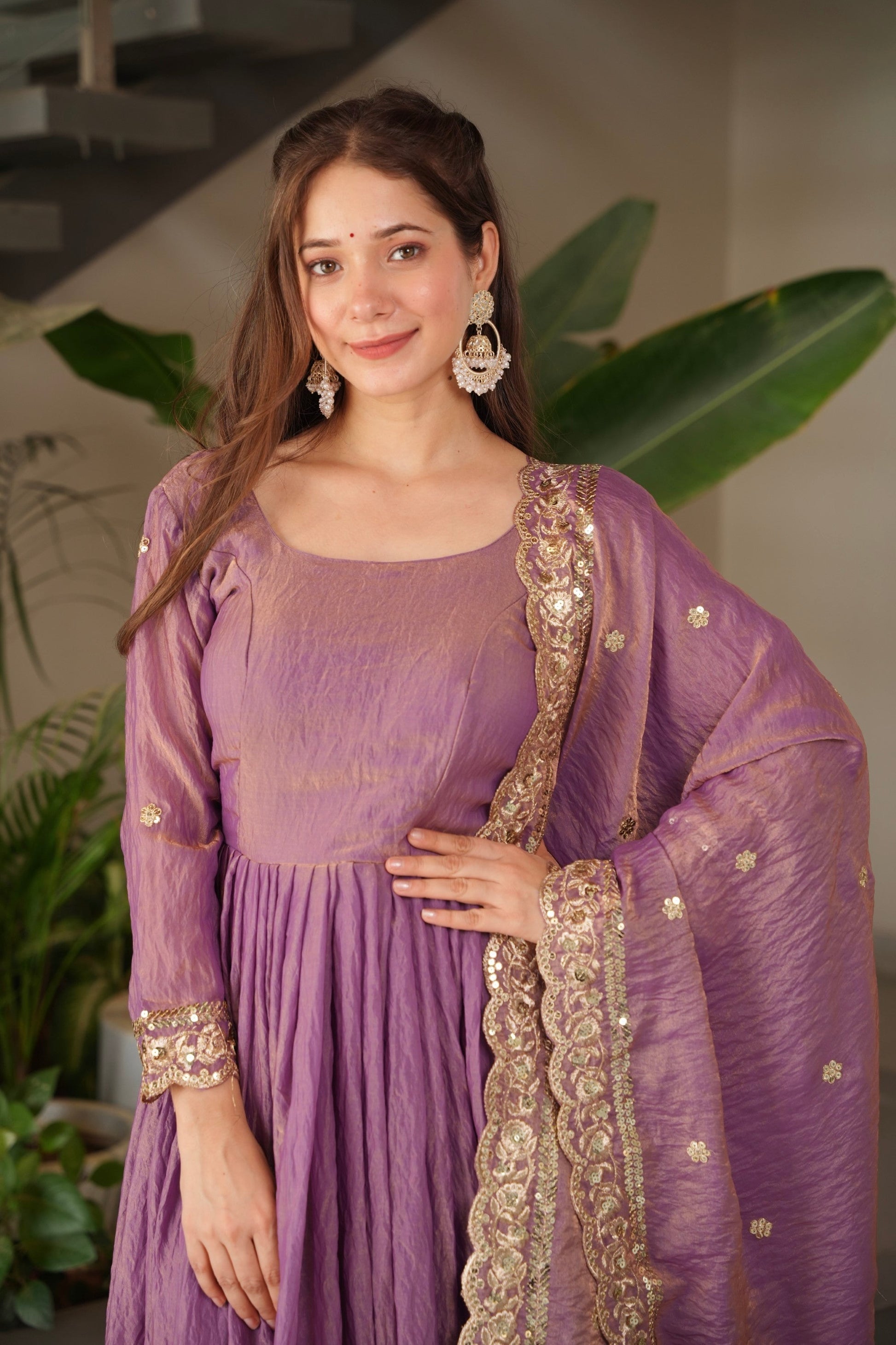 Lorenvalley Fashion Lavender Fendy Satin Embroidery Sequins Work Anarkali Gown with Dupatta 