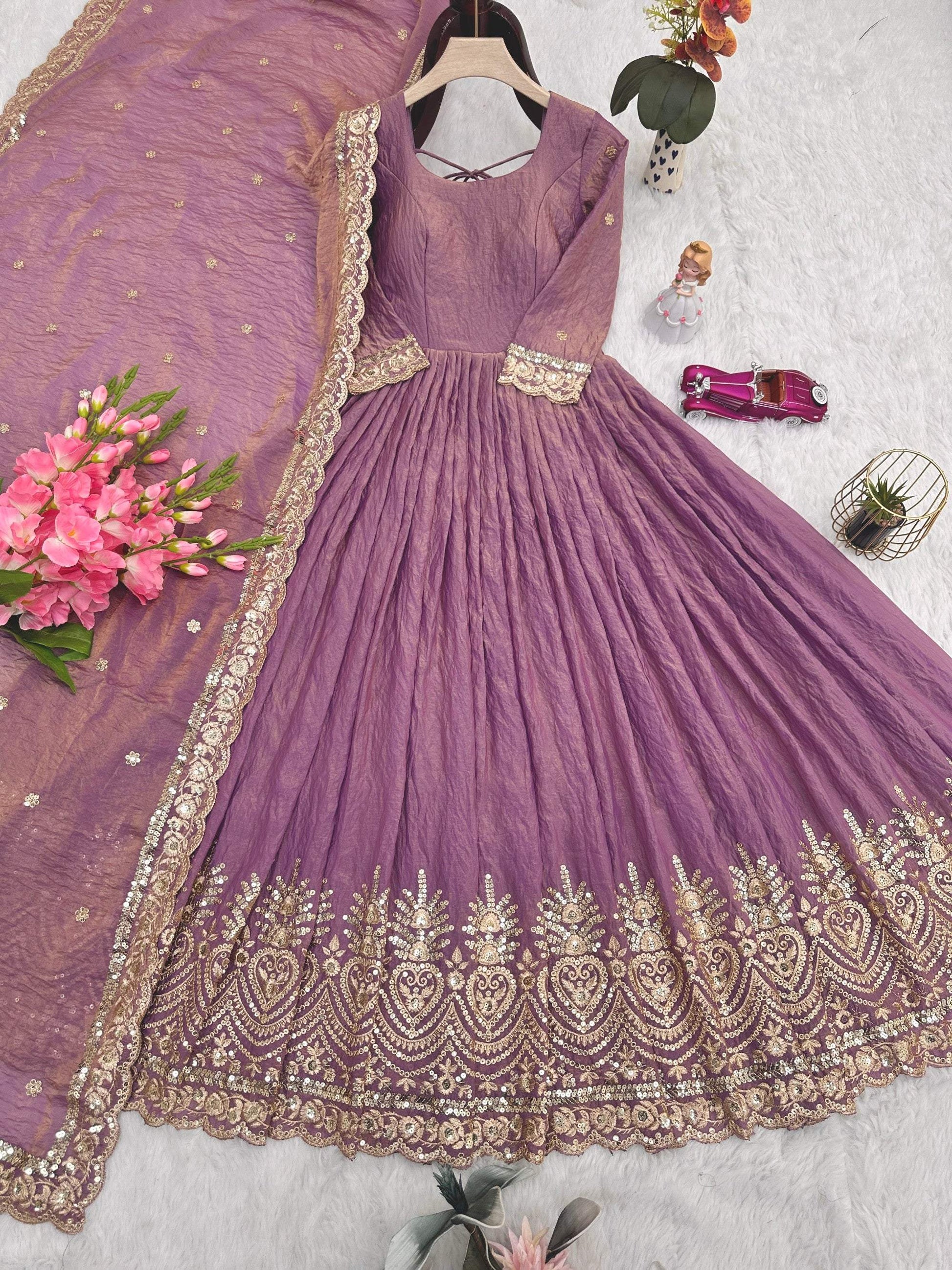 Lorenvalley Fashion Lavender Fendy Satin Embroidery Sequins Work Anarkali Gown with Dupatta 
