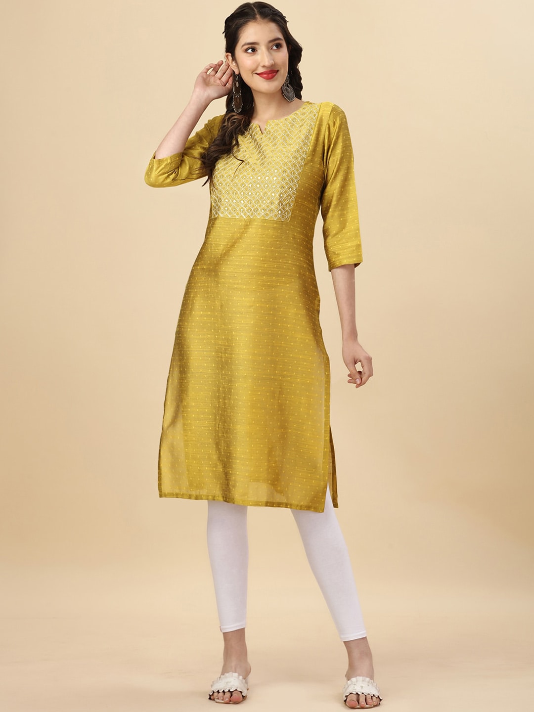 HERE&NOW Yellow Woven Design Mirror Work Straight Kurta