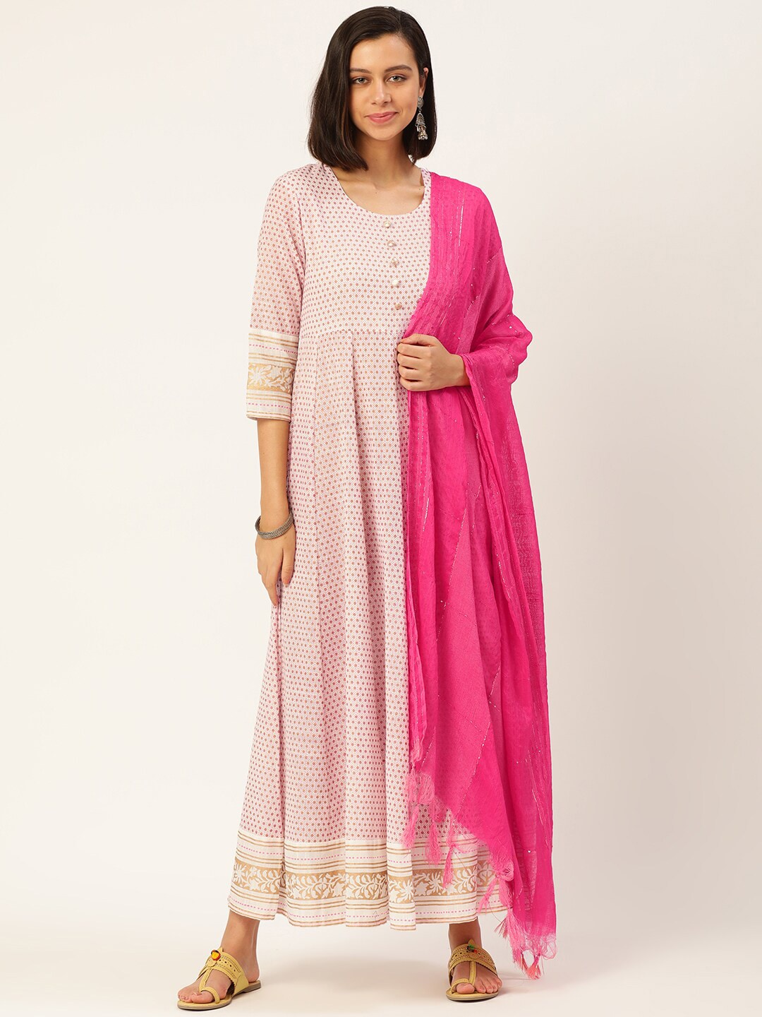 HERE&NOW Printed Anarkali Cotton Kurta With Dupatta