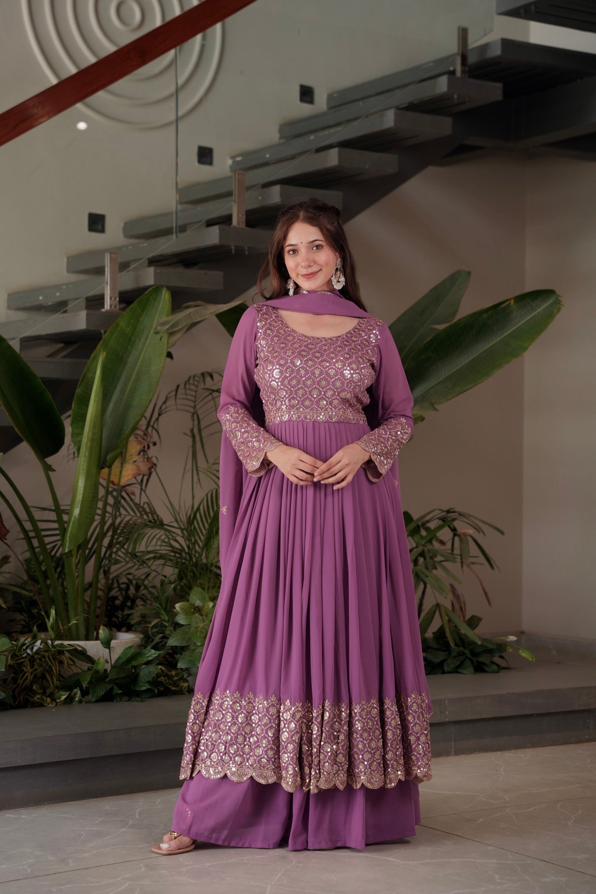 Lorenvalley Fashion Lavender Faux Georgette Embroidery & Sequins Work Anarkali Gown Sharara with Dupatta 