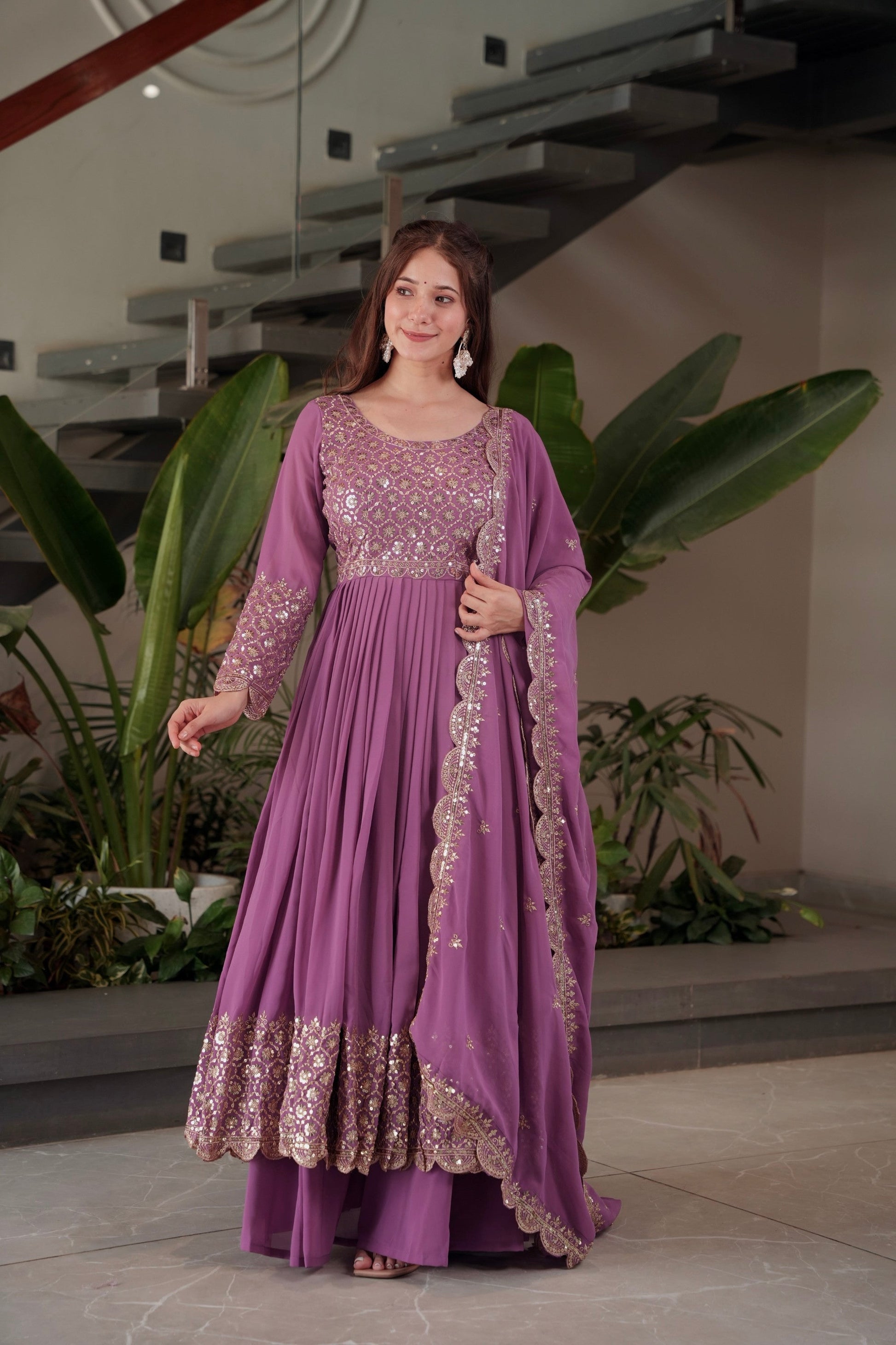Lorenvalley Fashion Lavender Faux Georgette Embroidery & Sequins Work Anarkali Gown Sharara with Dupatta 