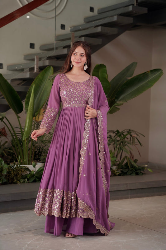 Lorenvalley Fashion Lavender Faux Georgette Embroidery & Sequins Work Anarkali Gown Sharara with Dupatta 