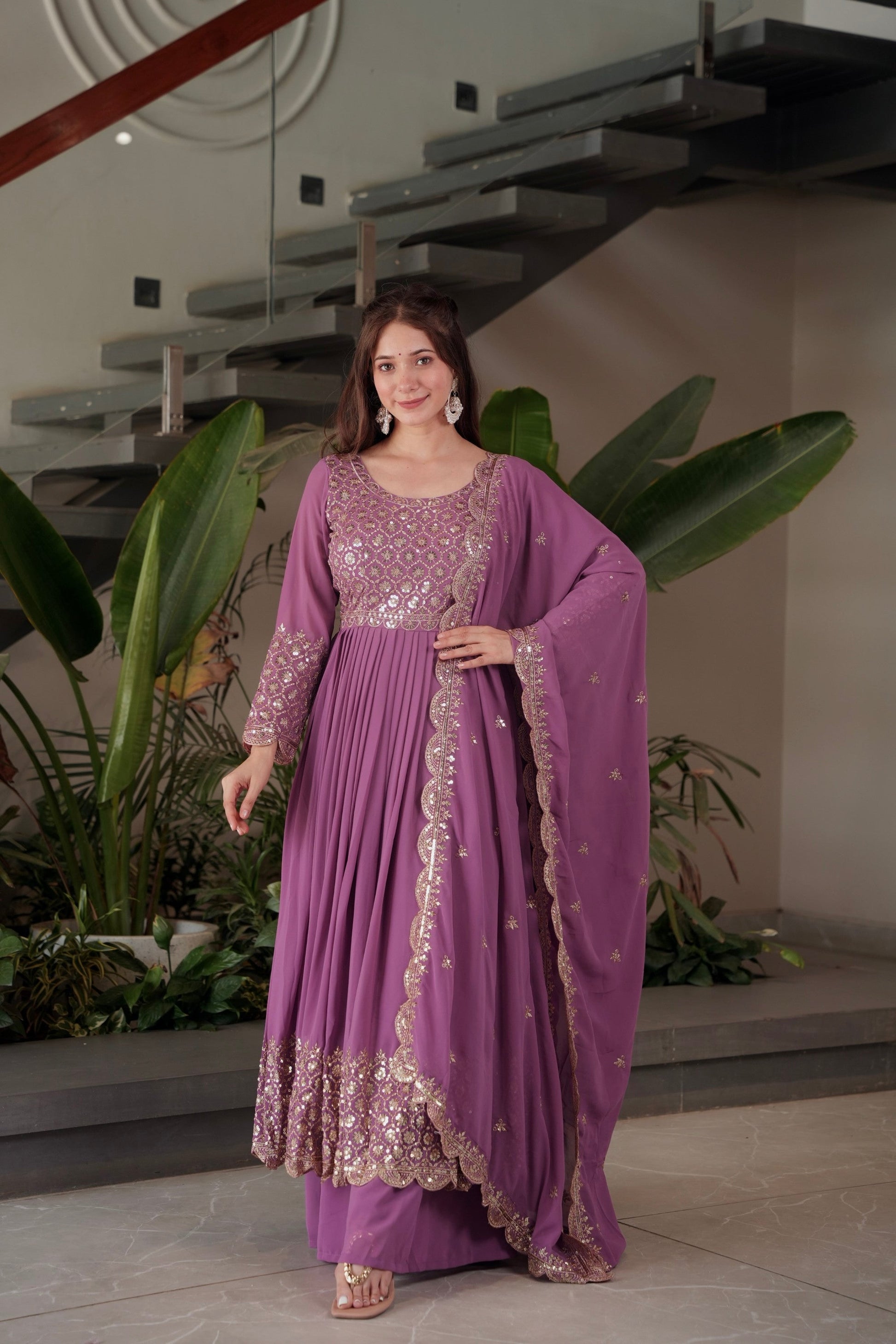 Lorenvalley Fashion Lavender Faux Georgette Embroidery & Sequins Work Anarkali Gown Sharara with Dupatta 