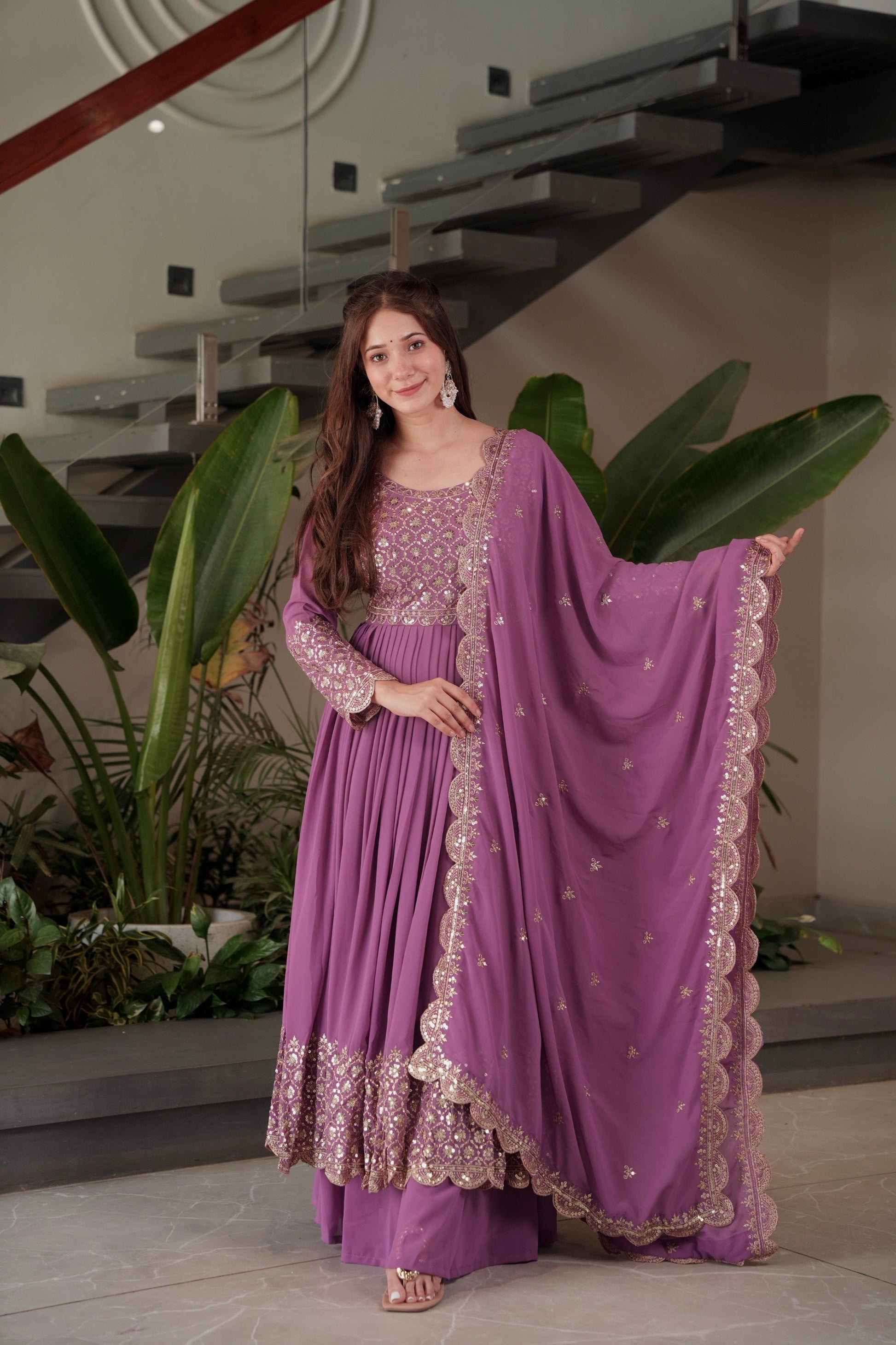 Lorenvalley Fashion Lavender Faux Georgette Embroidery & Sequins Work Anarkali Gown Sharara with Dupatta 