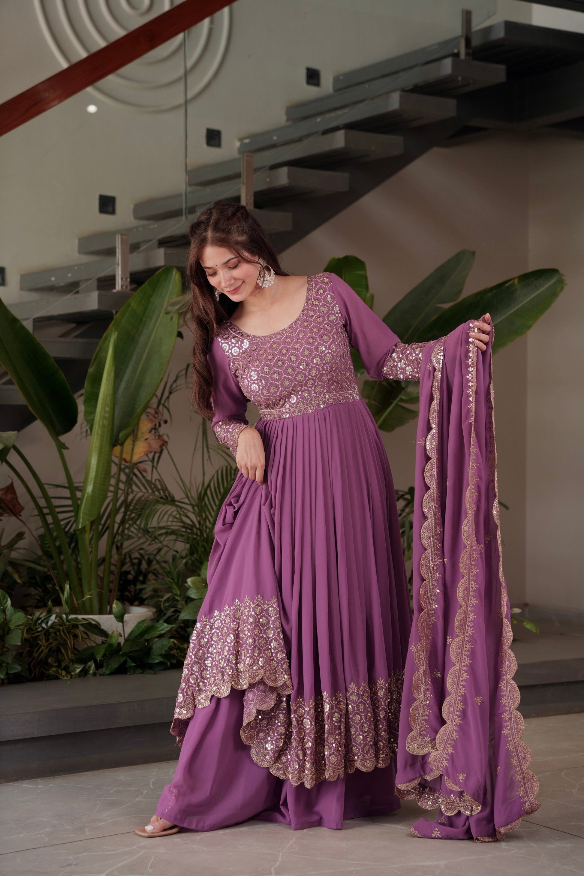 Lorenvalley Fashion Lavender Faux Georgette Embroidery & Sequins Work Anarkali Gown Sharara with Dupatta 