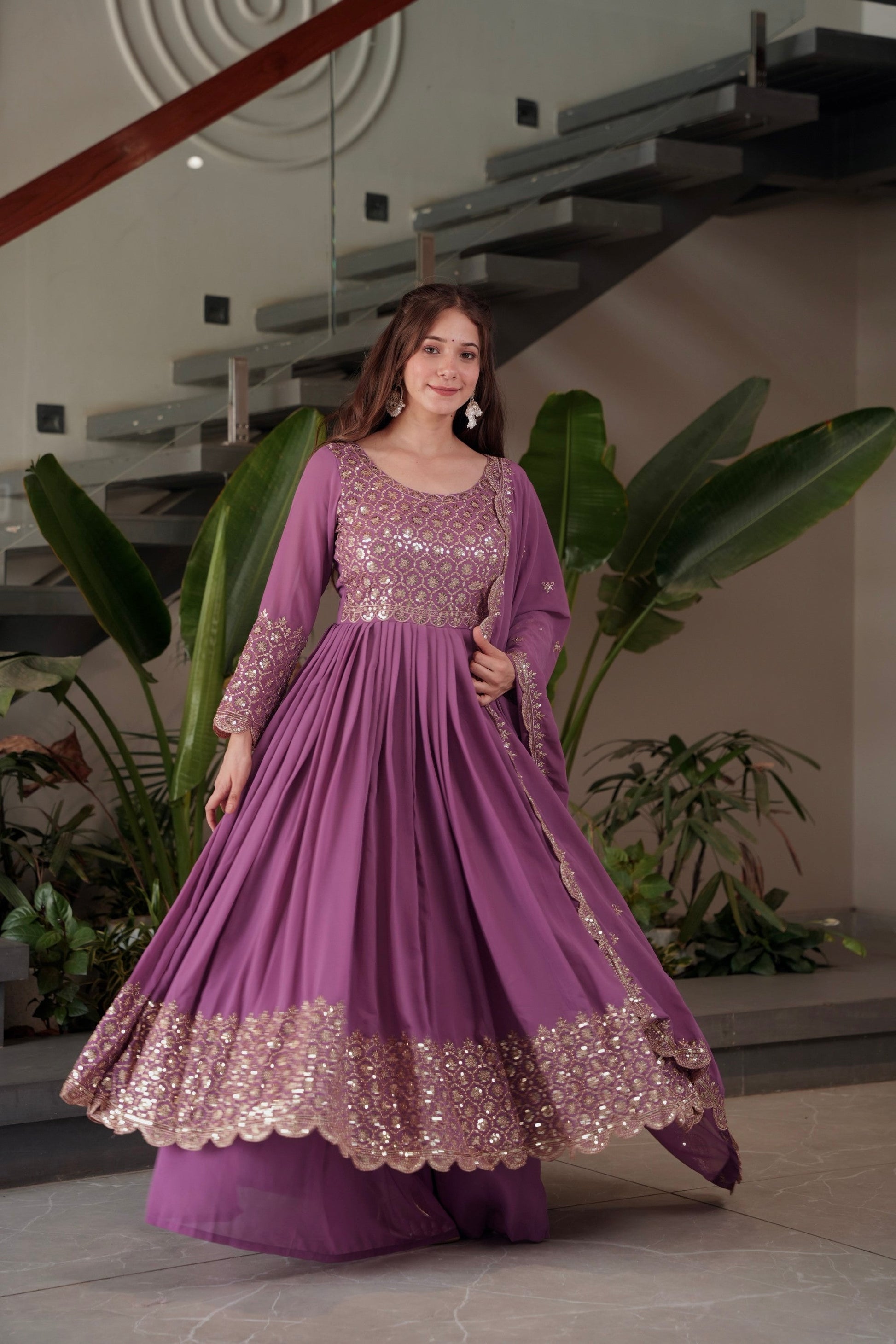 Lorenvalley Fashion Lavender Faux Georgette Embroidery & Sequins Work Anarkali Gown Sharara with Dupatta 