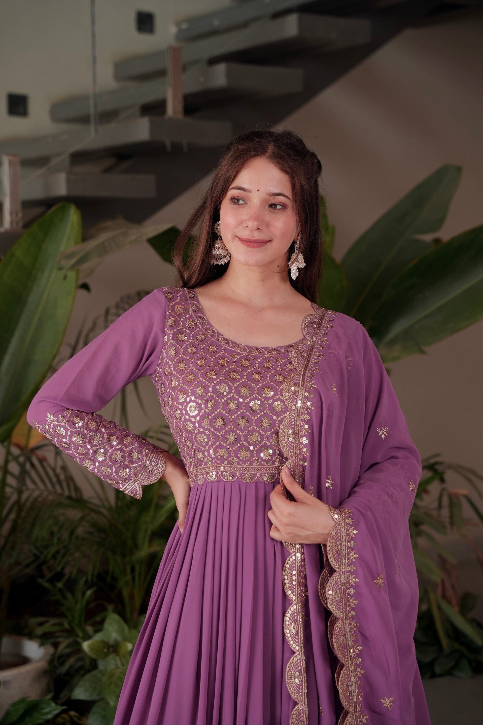 Lorenvalley Fashion Lavender Faux Georgette Embroidery & Sequins Work Anarkali Gown Sharara with Dupatta 