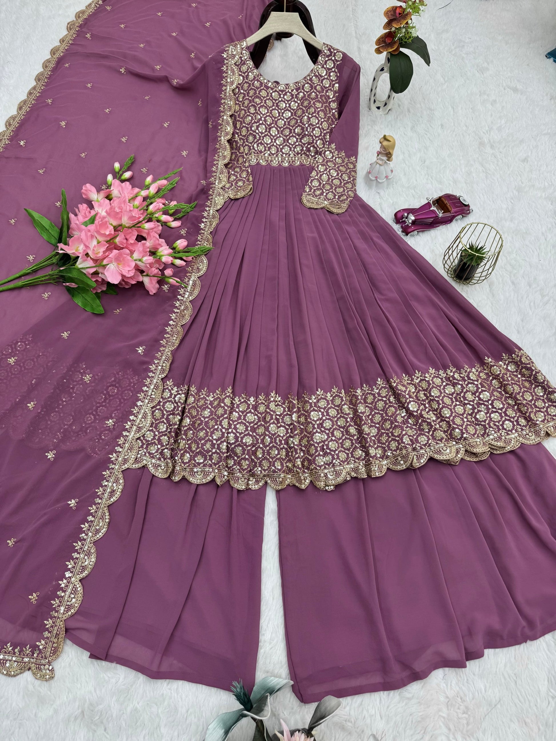 Lorenvalley Fashion Lavender Faux Georgette Embroidery & Sequins Work Anarkali Gown Sharara with Dupatta 
