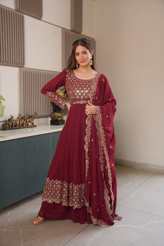 Lorenvalley Fashion Maroon Faux Georgette Embroidery & Sequins Work Anarkali Gown Sharara with Dupatta 