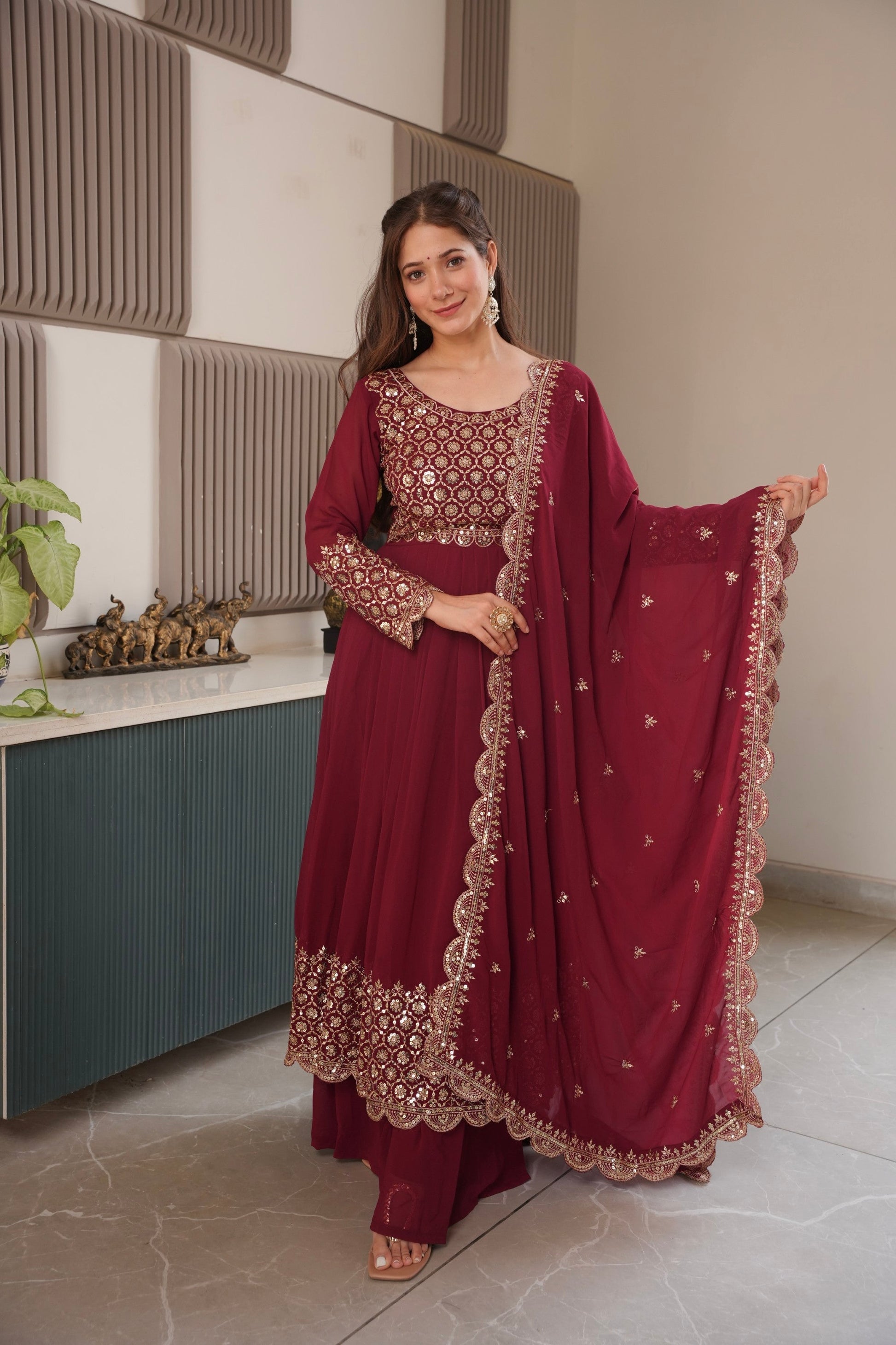 Lorenvalley Fashion Maroon Faux Georgette Embroidery & Sequins Work Anarkali Gown Sharara with Dupatta 