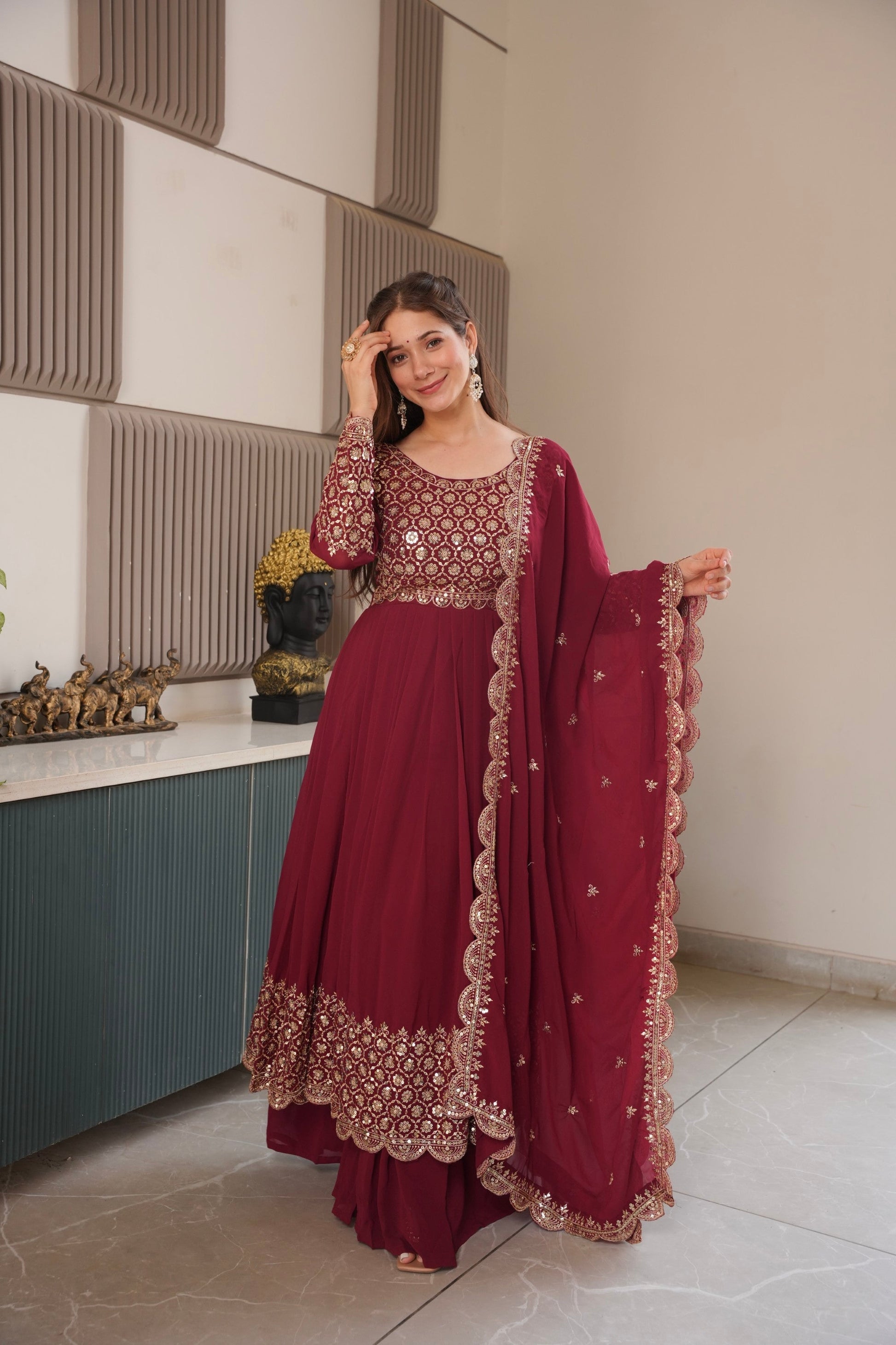 Lorenvalley Fashion Maroon Faux Georgette Embroidery & Sequins Work Anarkali Gown Sharara with Dupatta 