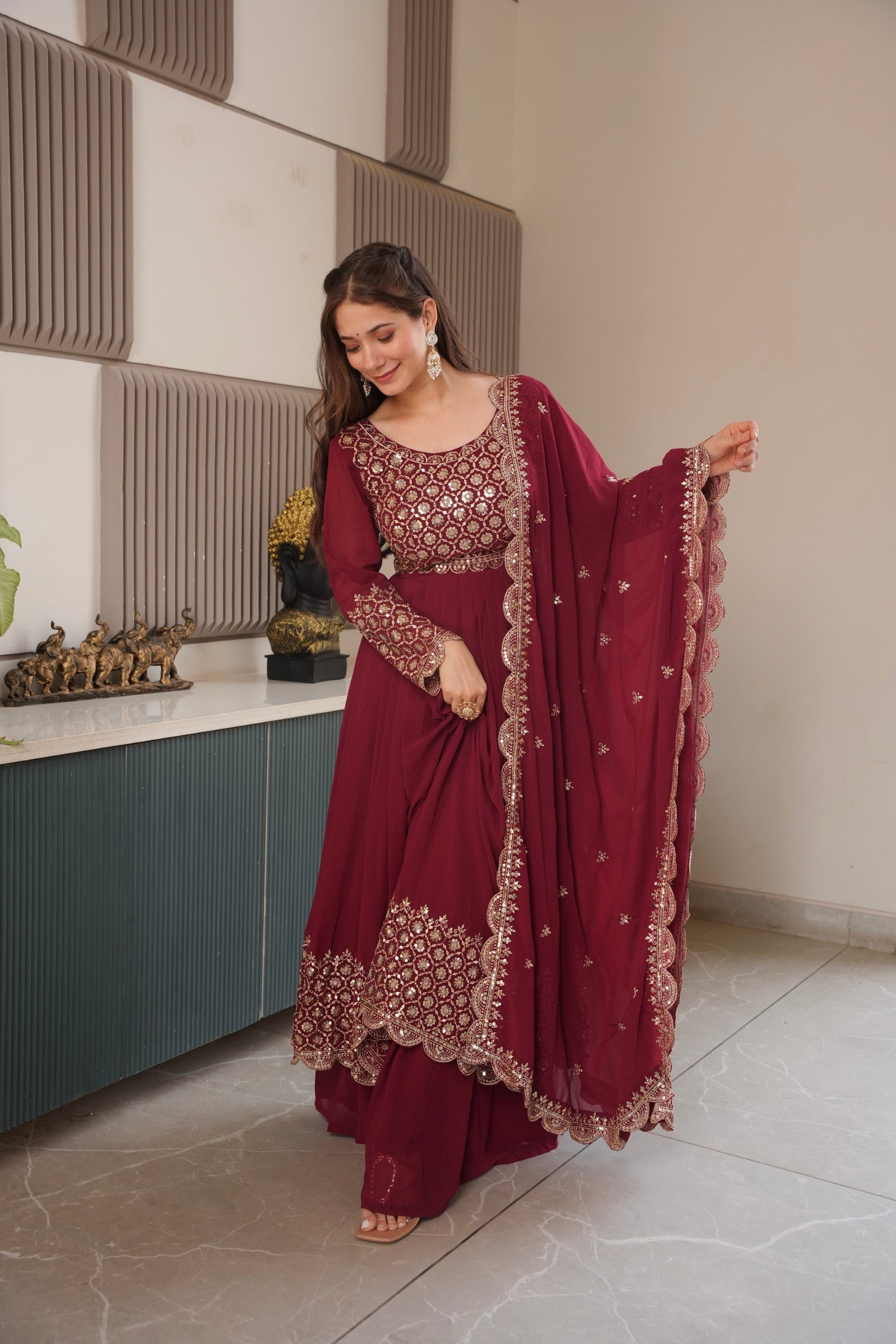 Lorenvalley Fashion Maroon Faux Georgette Embroidery & Sequins Work Anarkali Gown Sharara with Dupatta 