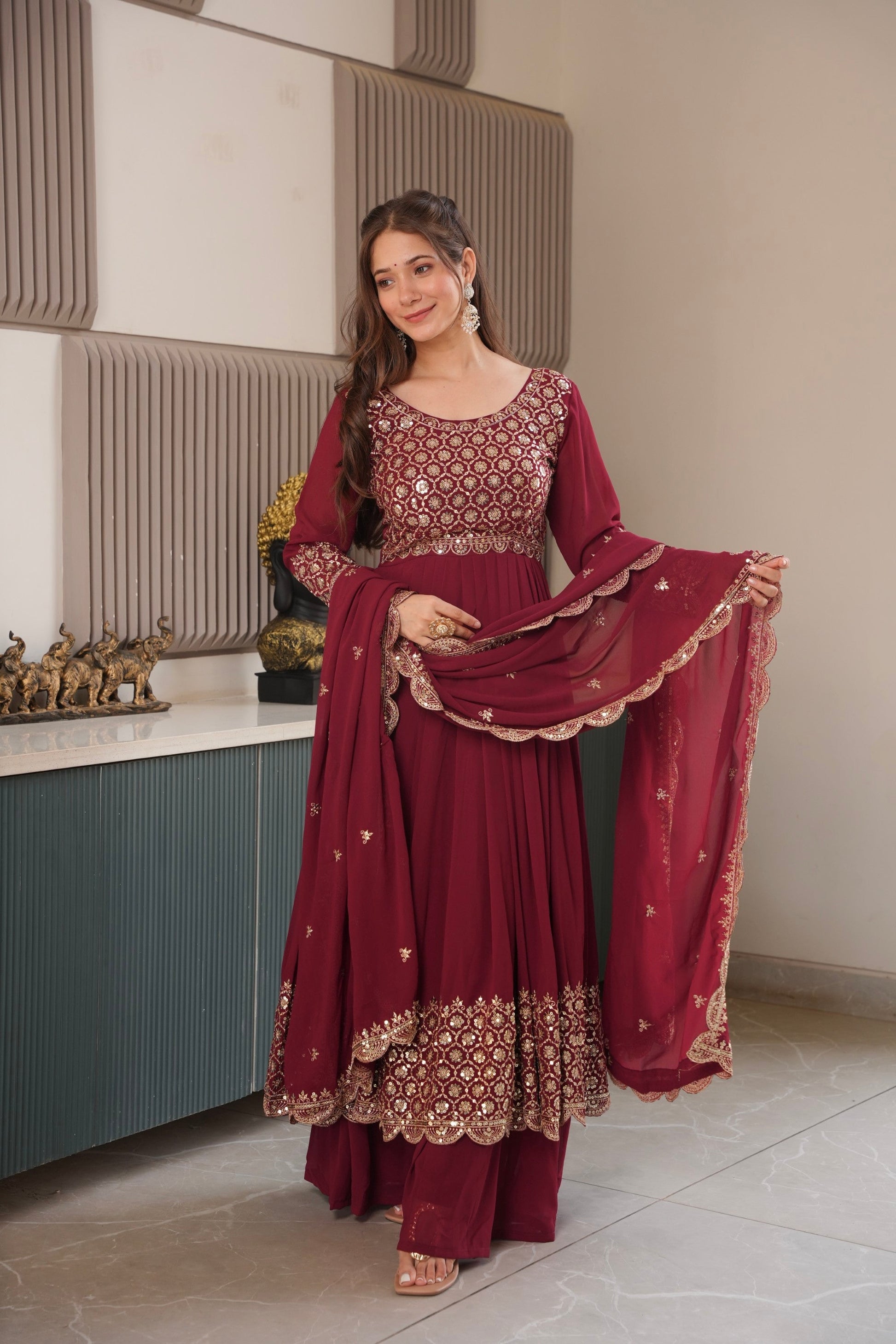 Lorenvalley Fashion Maroon Faux Georgette Embroidery & Sequins Work Anarkali Gown Sharara with Dupatta 