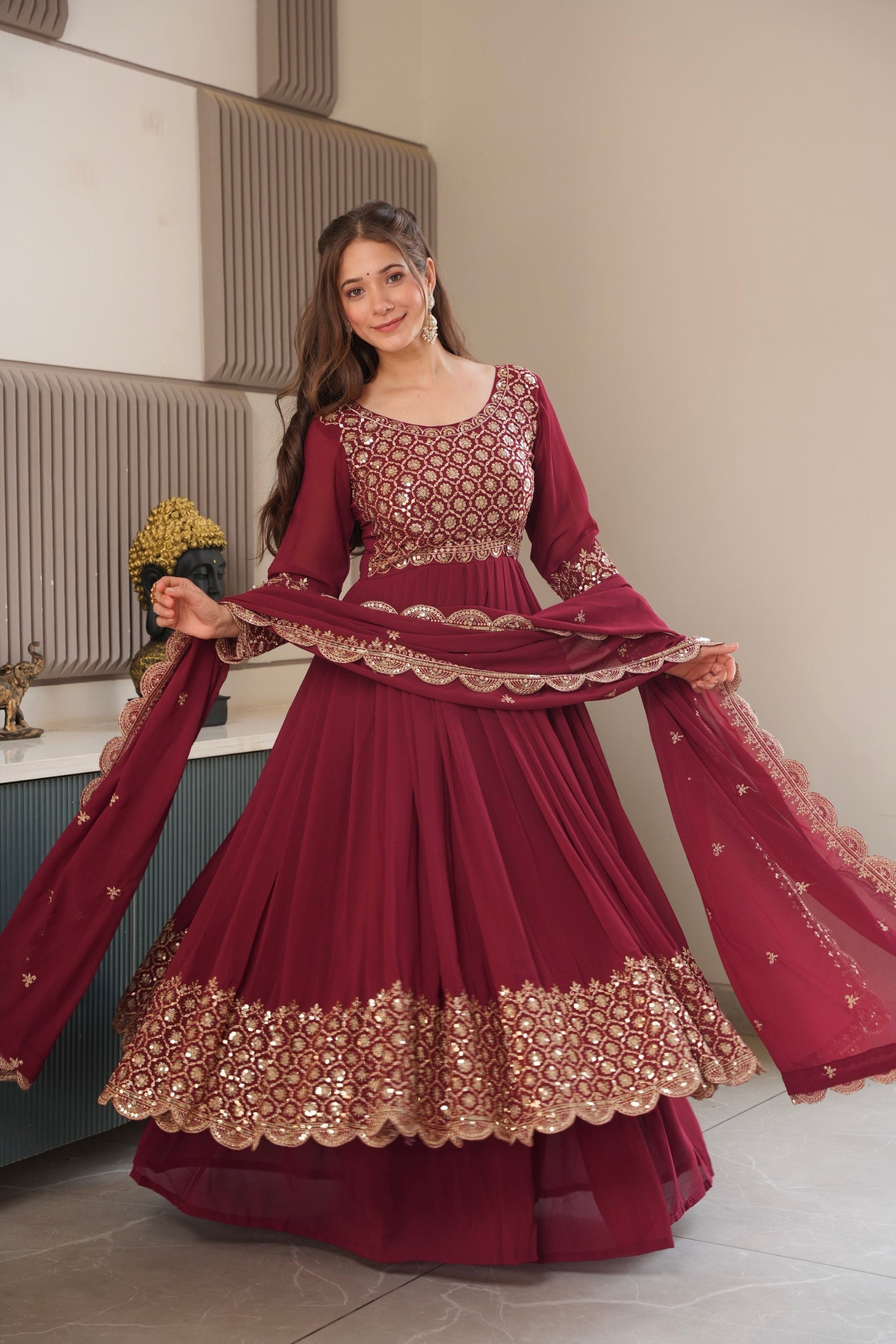 Lorenvalley Fashion Maroon Faux Georgette Embroidery & Sequins Work Anarkali Gown Sharara with Dupatta 