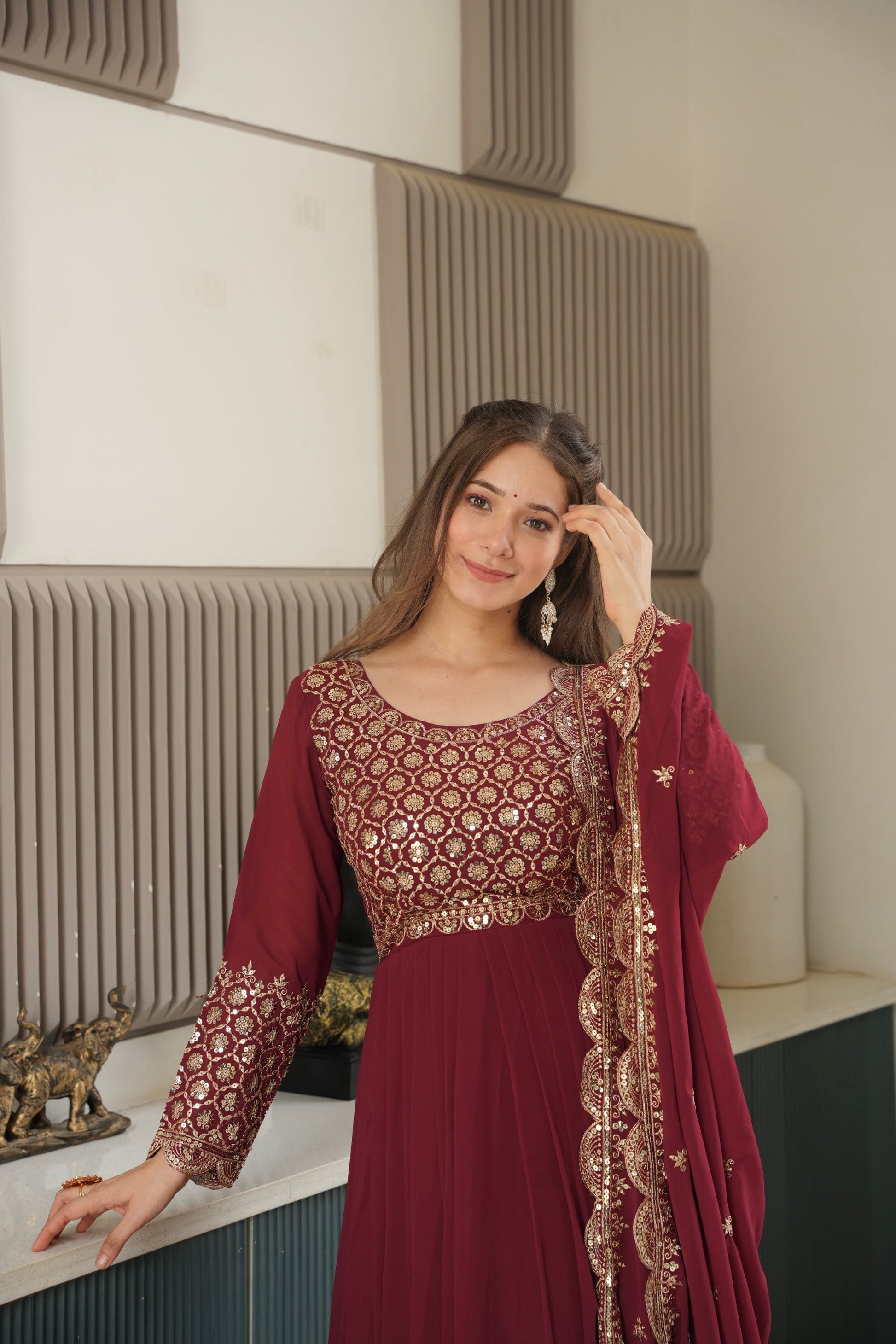 Lorenvalley Fashion Maroon Faux Georgette Embroidery & Sequins Work Anarkali Gown Sharara with Dupatta 